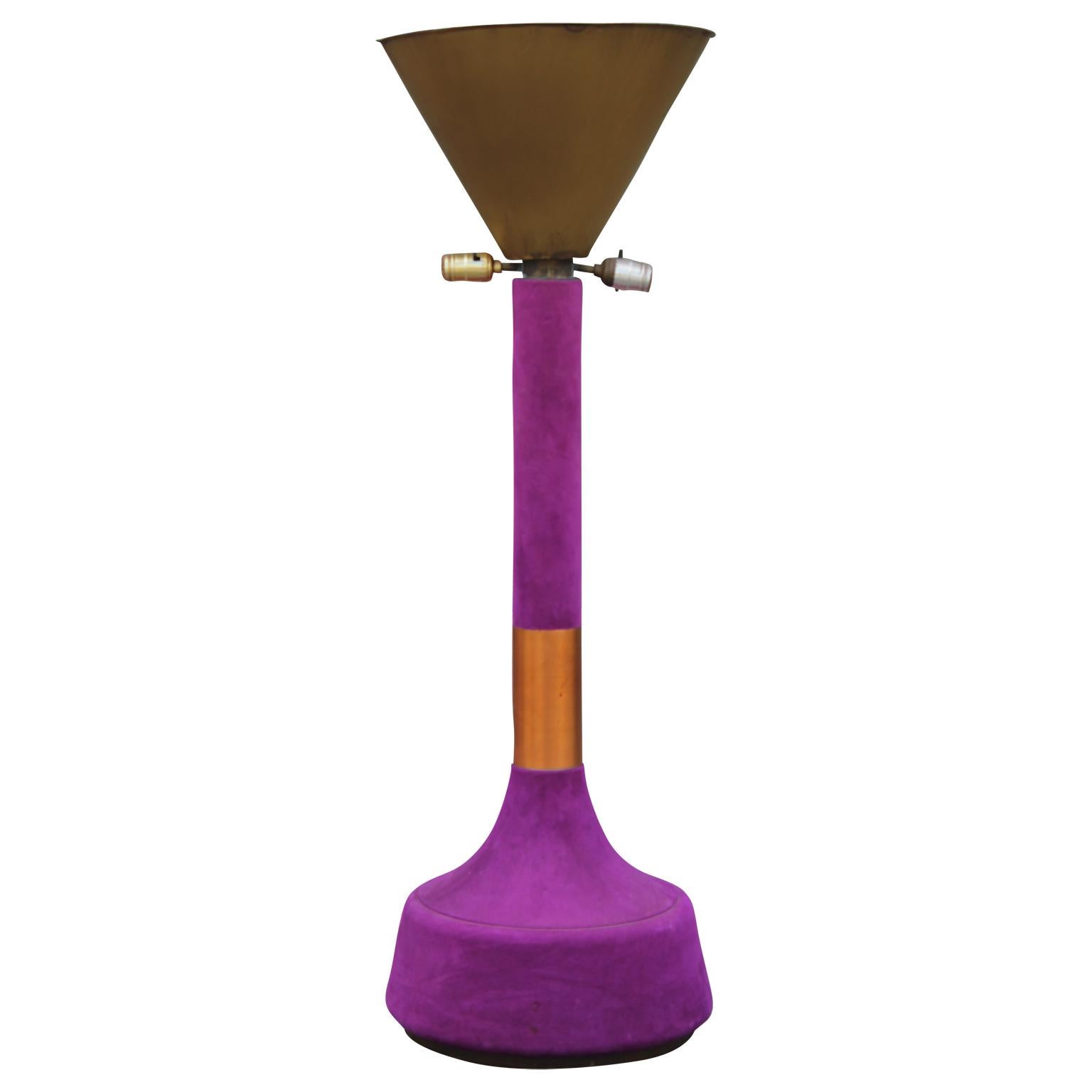 Monumental Modern Vibrant Pink or Purple Suede Copper and Brass Table Lamp In Good Condition In Houston, TX