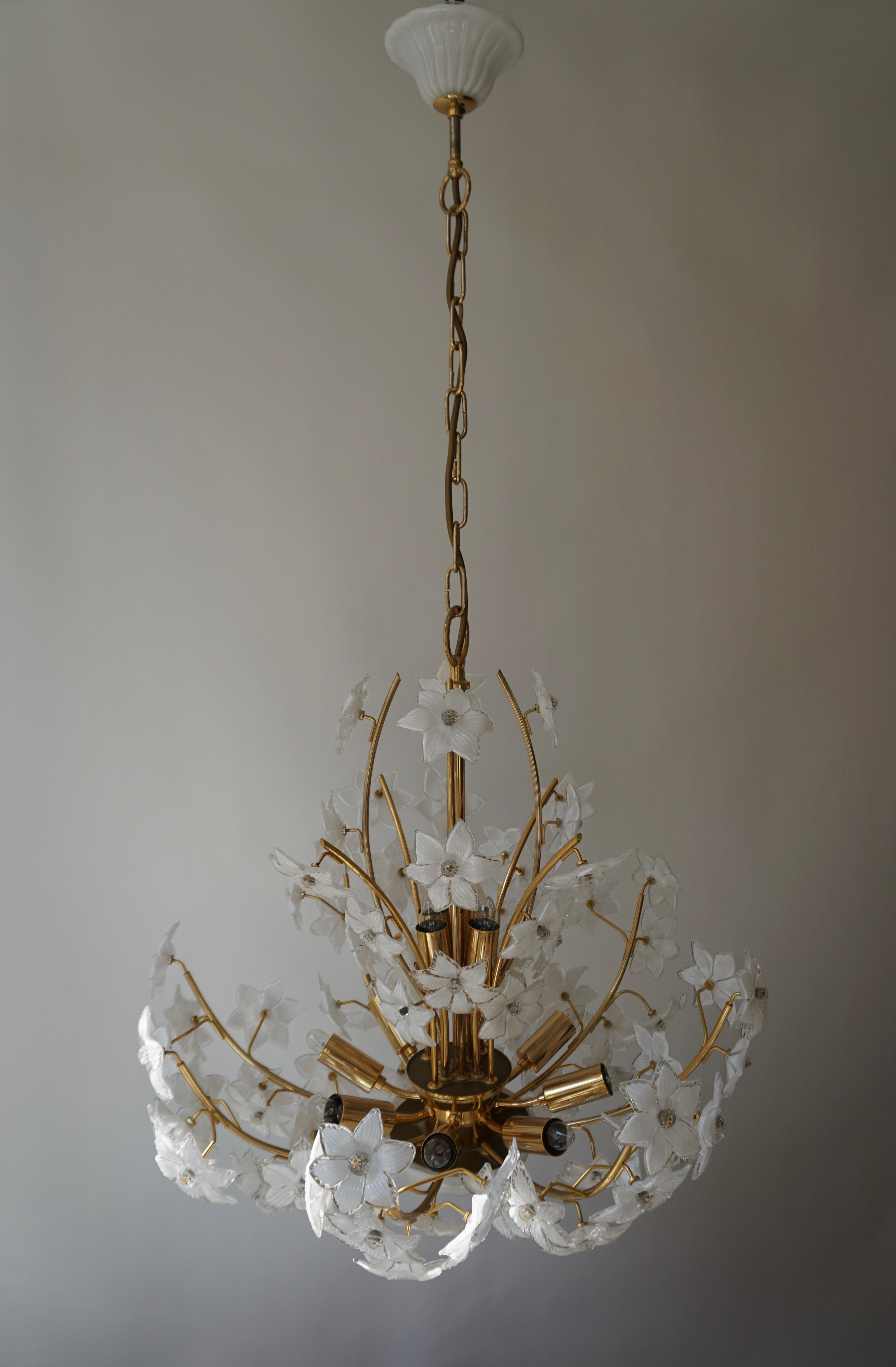 Monumental Modernist Italian Murano Venini Style Flower Glass Gilt Chandelier 9