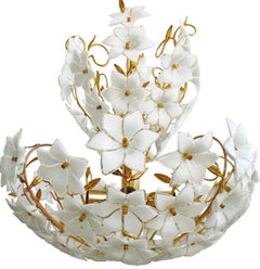 Monumental Modernist Italian Murano Venini Style Flower Glass Gilt Chandelier