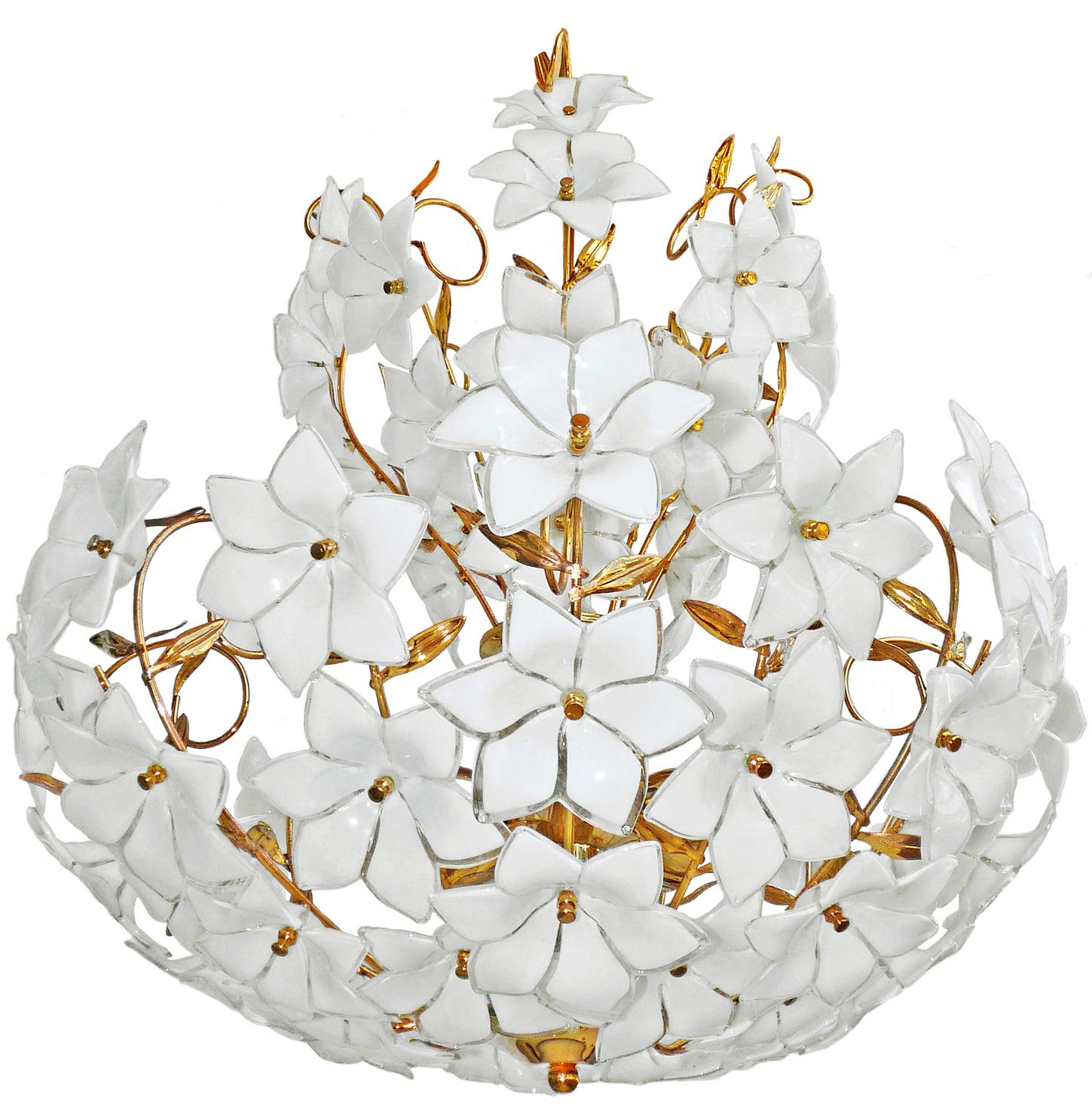 Hollywood Regency Monumental Modernist Italian Murano Venini Style Flower Glass Gilt Chandelier For Sale