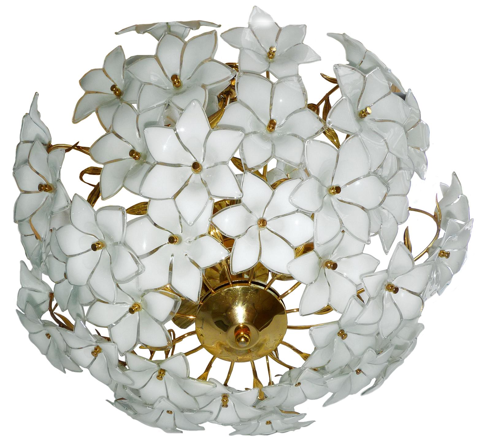 Hollywood Regency Monumental Modernist Italian Murano Venini Style Flower Glass Gilt Chandelier For Sale