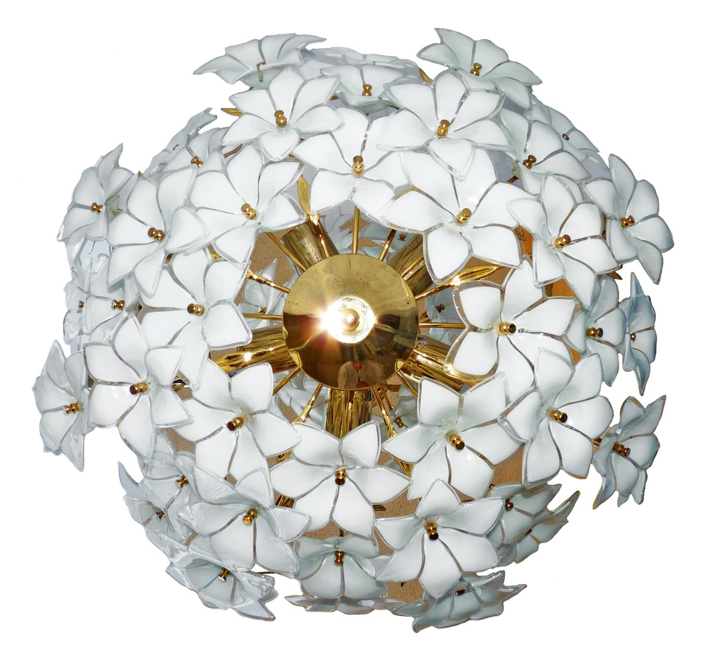 20th Century Monumental Modernist Italian Murano Venini Style Flower Glass Gilt Chandelier For Sale