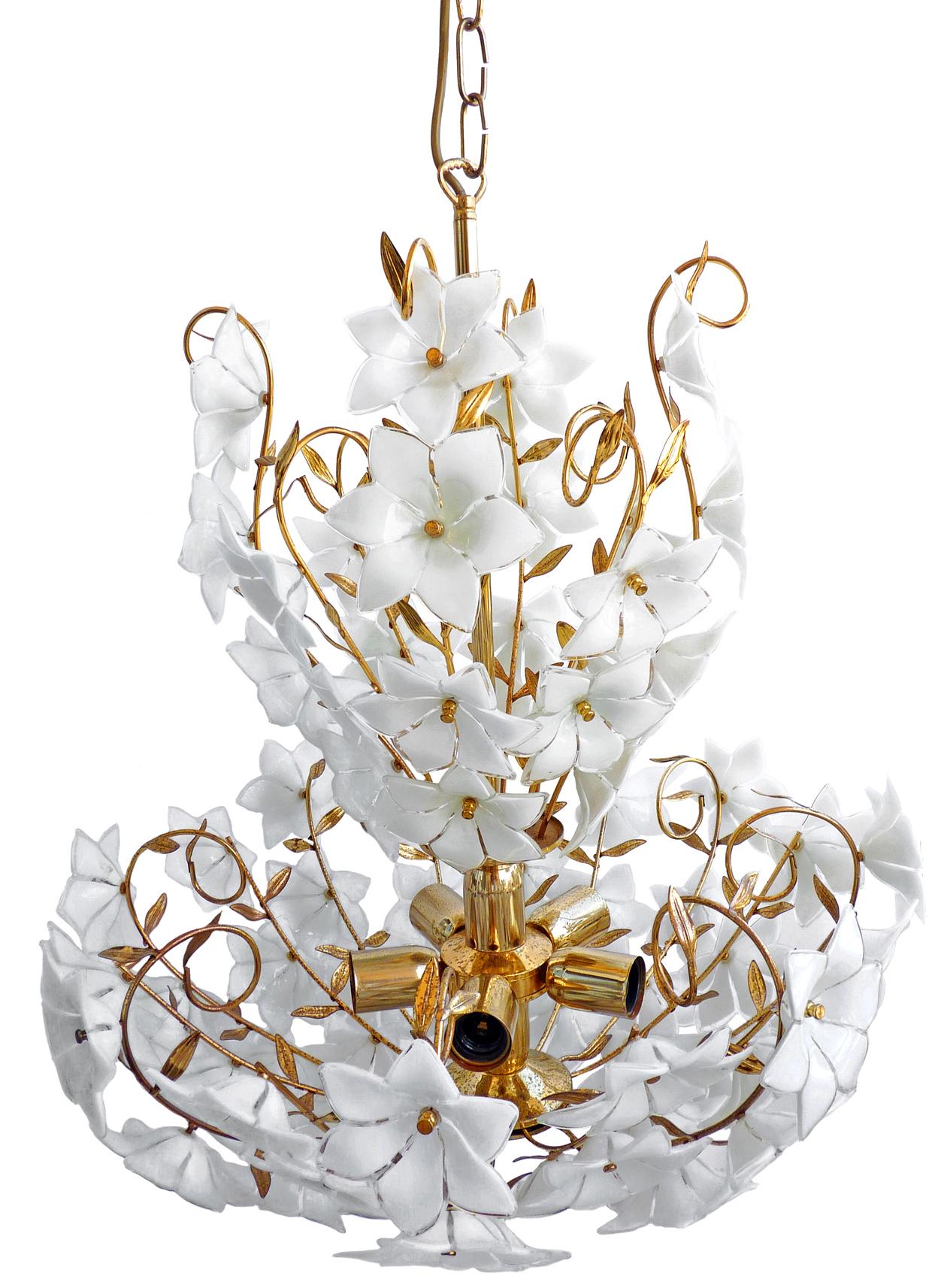 Gold Plate Monumental Modernist Italian Murano Venini Style Flower Glass Gilt Chandelier For Sale