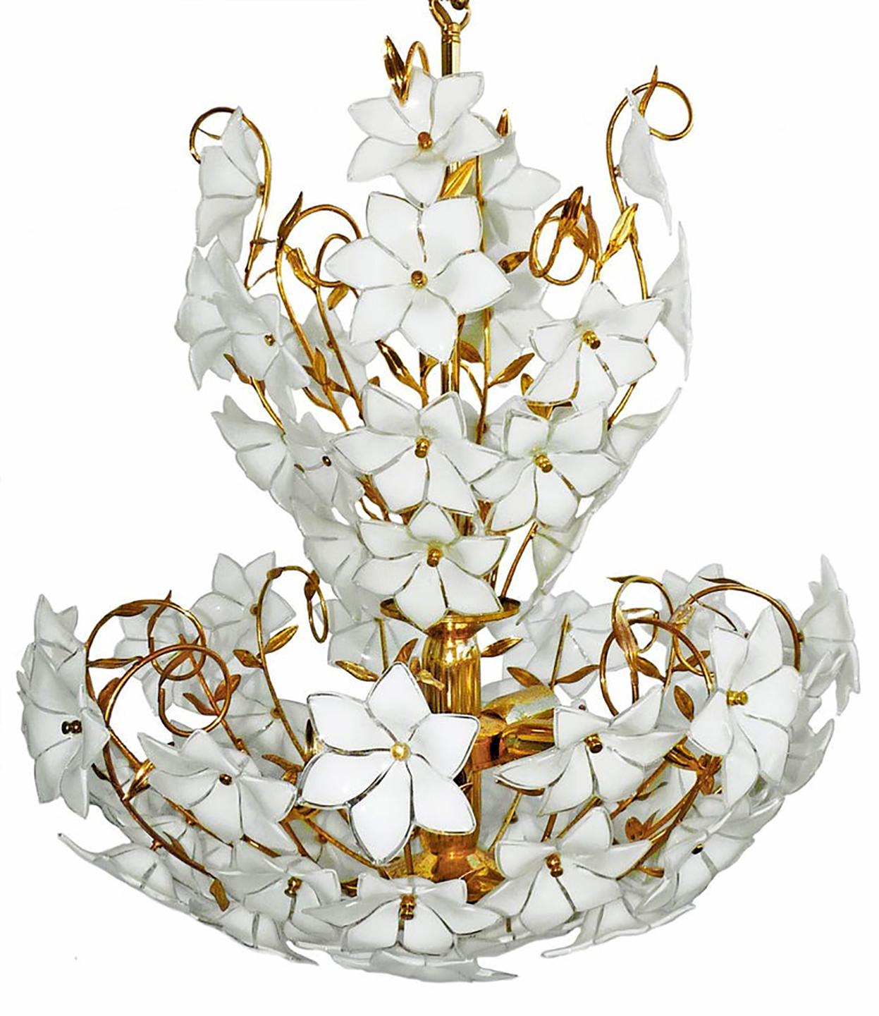 Monumental Modernist Italian Murano Venini Style Flower Glass Gilt Chandelier For Sale 1