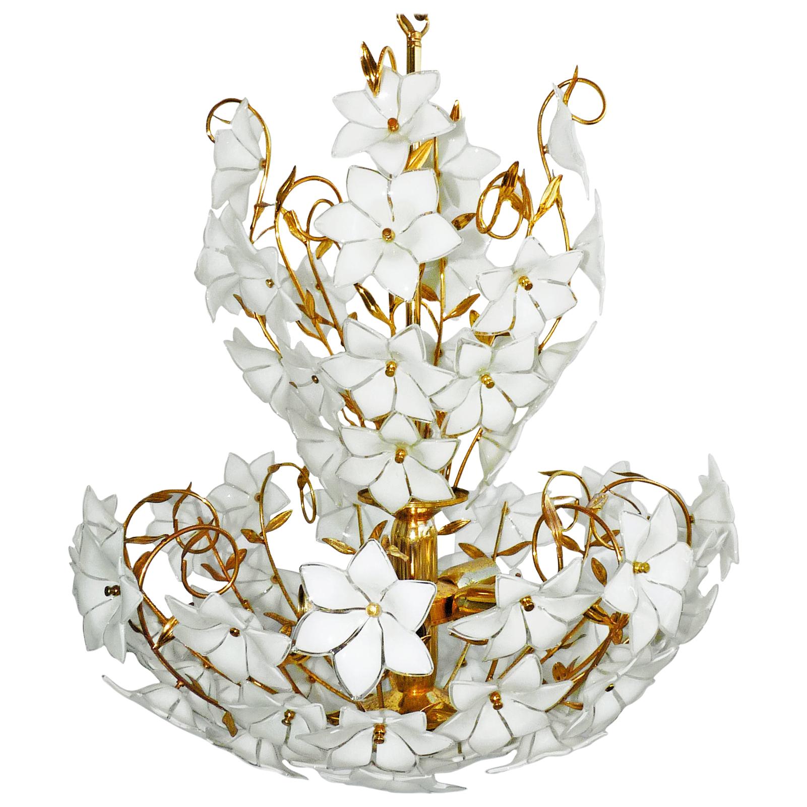 Monumental Modernist Italian Murano Venini Style Flower Glass Gilt Chandelier For Sale