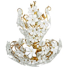 Monumental Modernist Italian Murano Venini Style Flower Glass Gilt Chandelier