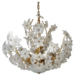 Monumental Modernist Italian Murano Venini Style Flower Glass Gilt Chandelier