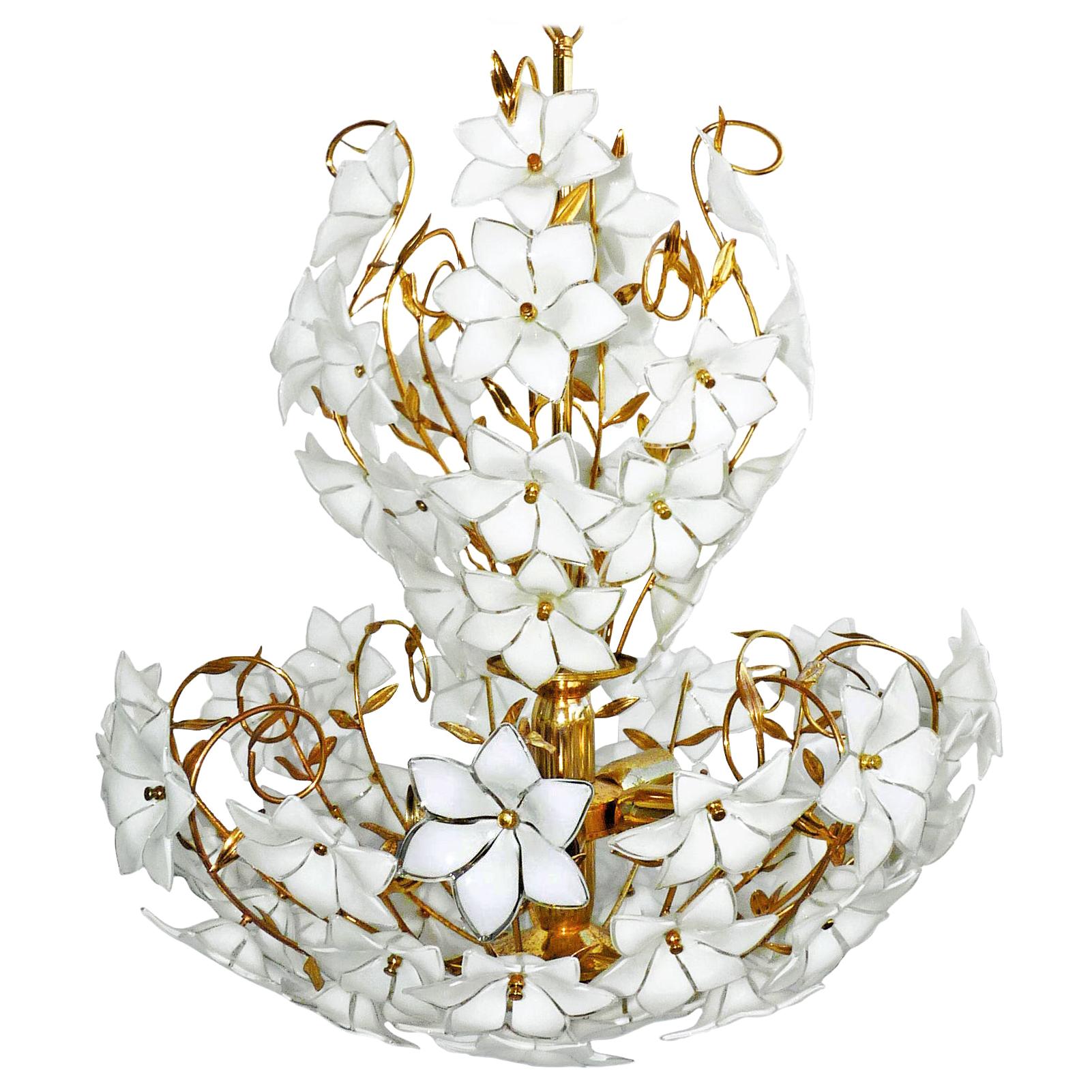 Monumental Modernist Italian Murano Venini Style Flower Glass Gilt Chandelier For Sale