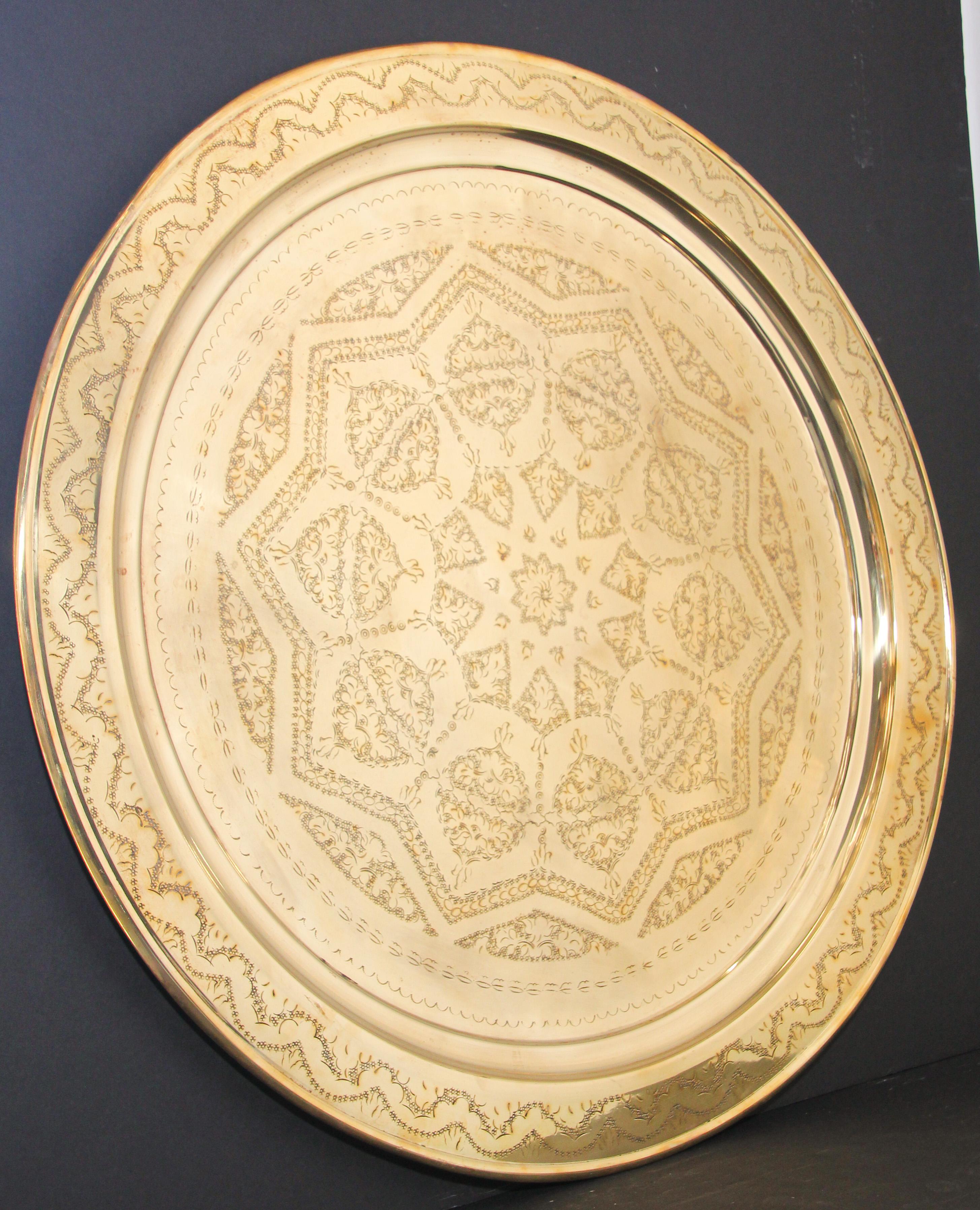 Monumental Moroccan Polished Metal Brass Tray Platter 39 inches For Sale 7