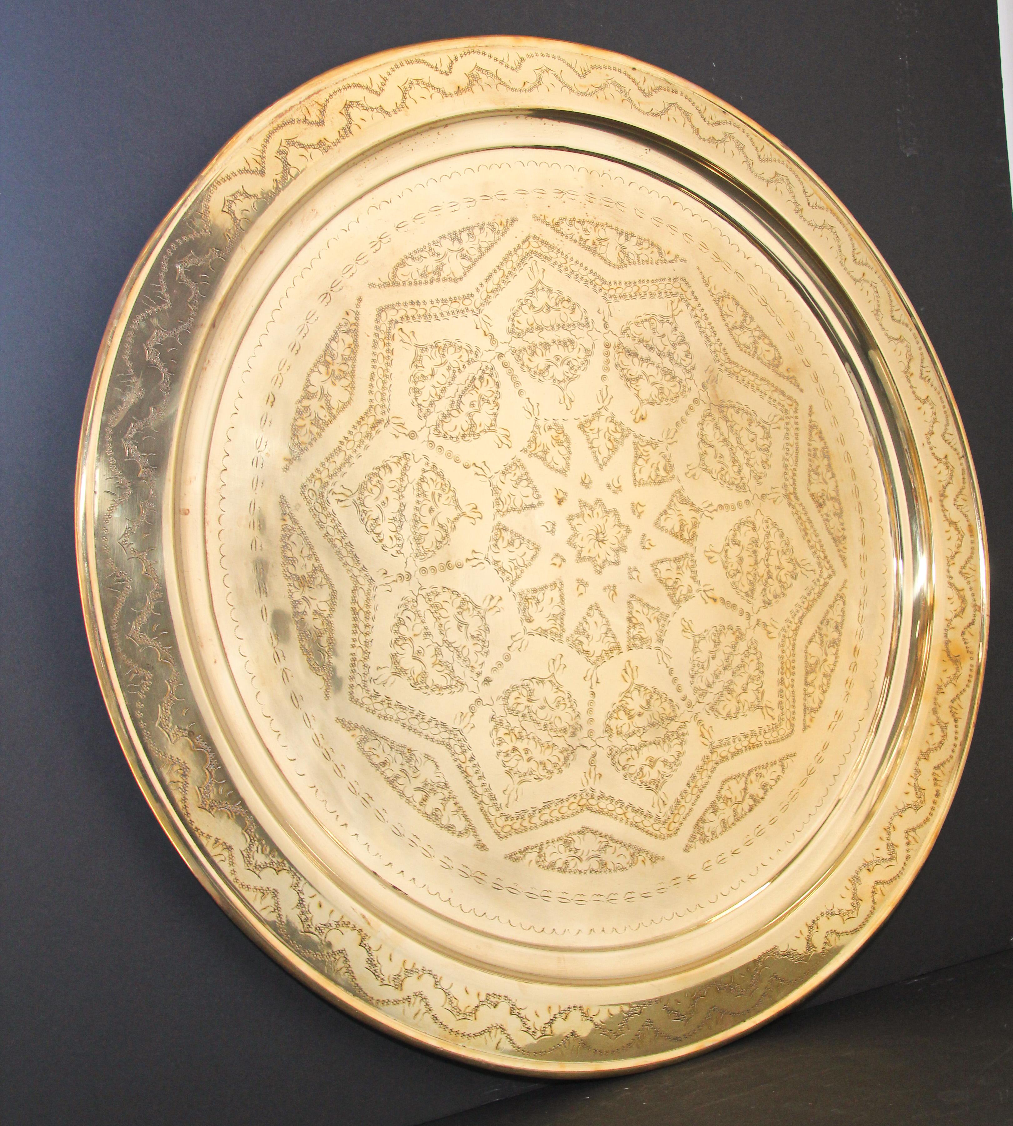 Monumental Moroccan Polished Metal Brass Tray Platter 39 inches For Sale 8