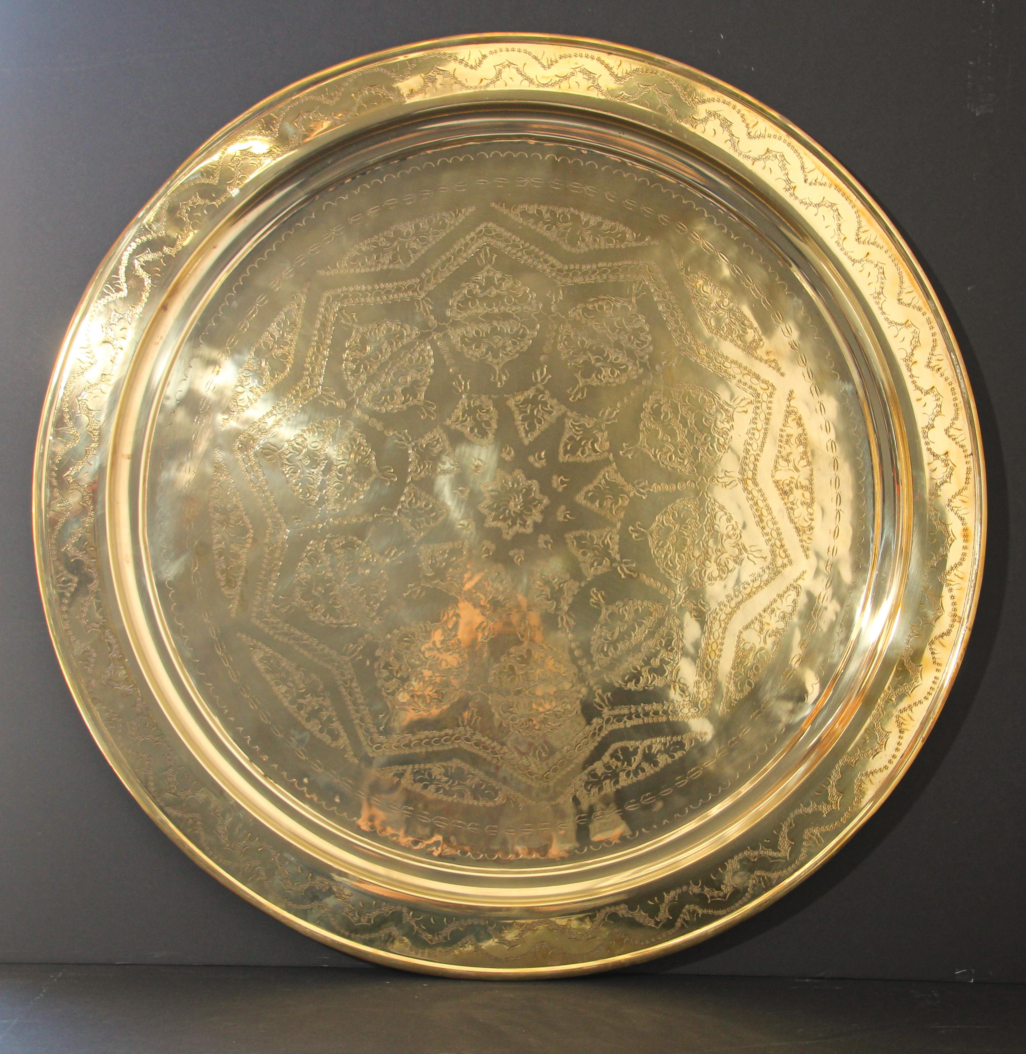 Monumental Moroccan Polished Metal Brass Tray Platter 39 inches For Sale 9