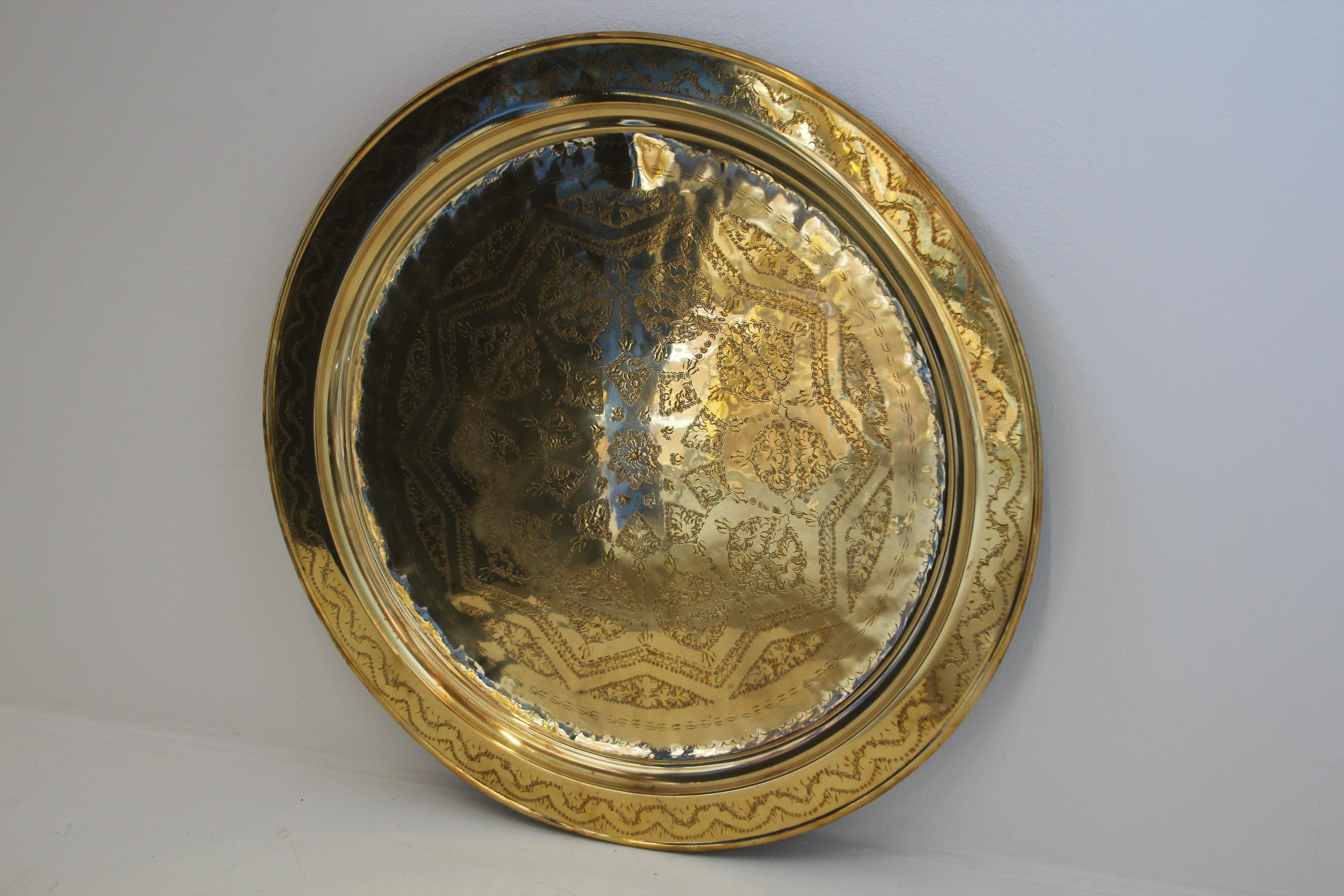 Moorish Monumental Moroccan Polished Metal Brass Tray Platter 39 inches For Sale