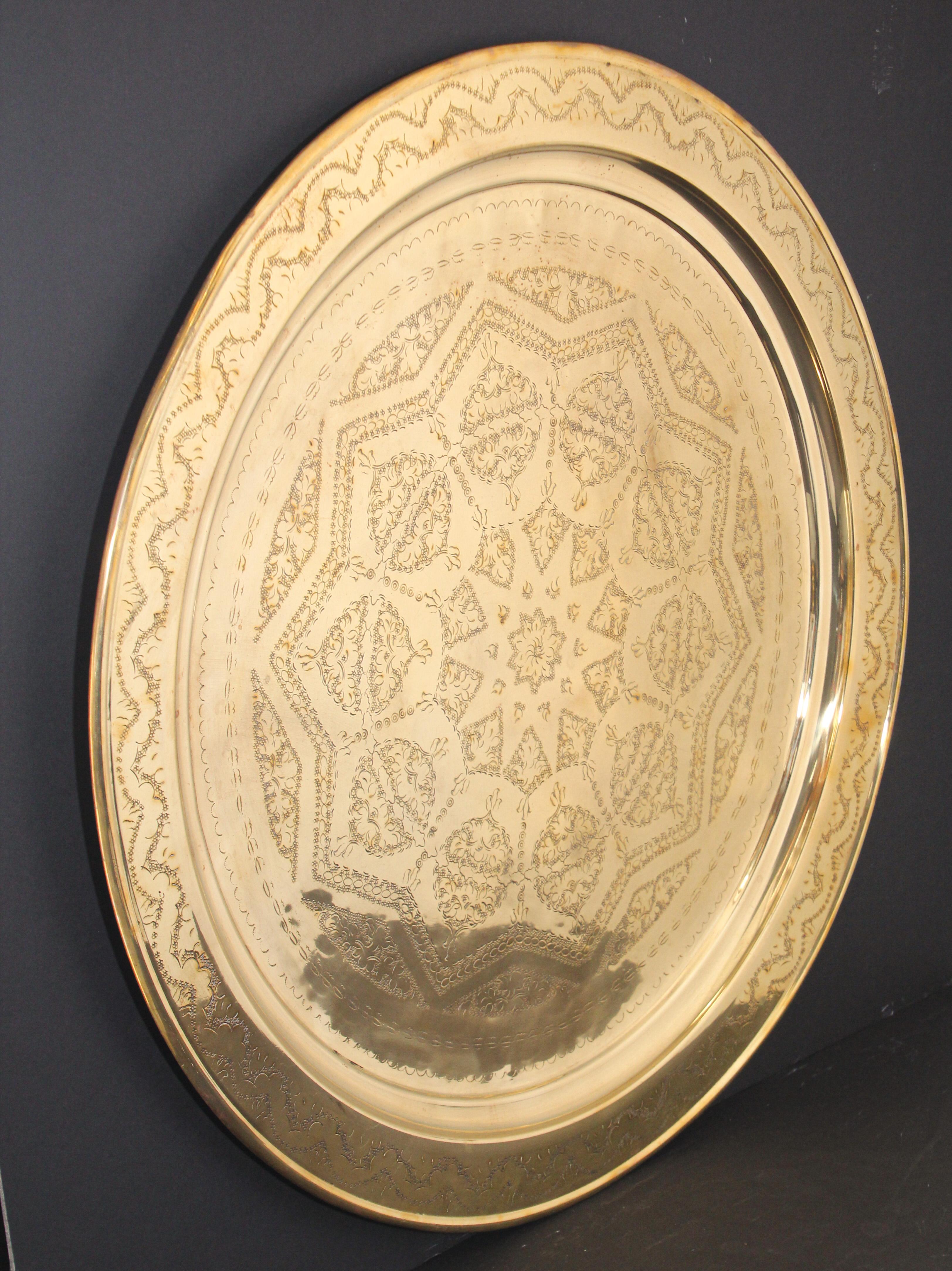 Hand-Carved Monumental Moroccan Polished Metal Brass Tray Platter 39 inches For Sale