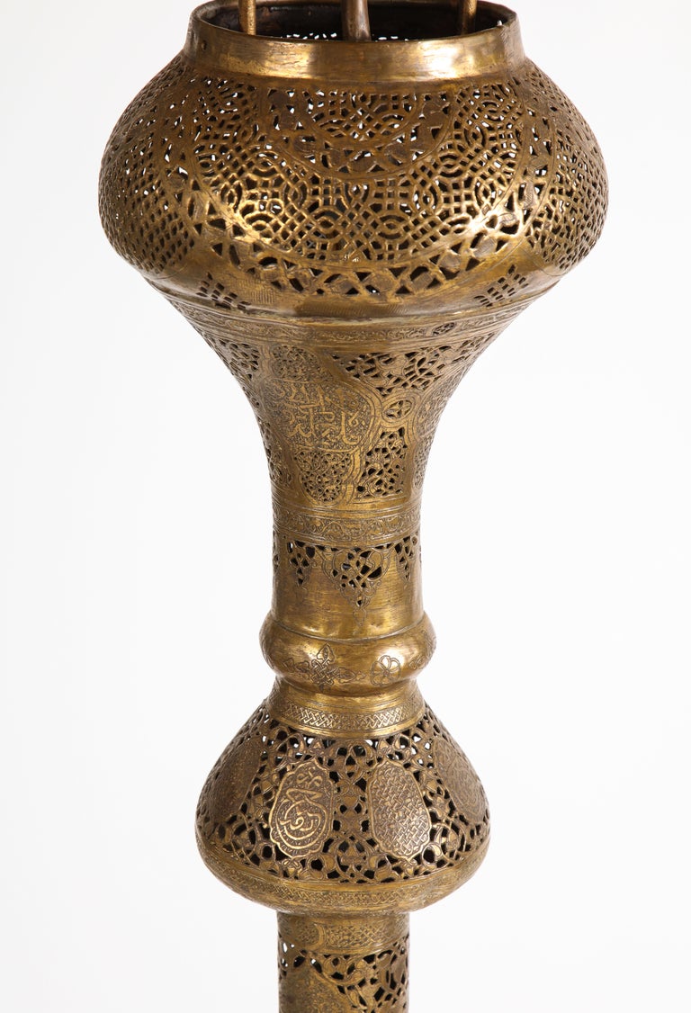Monumental Moroccan Pierced and Hammered Brass Floor Lamp For Sale at