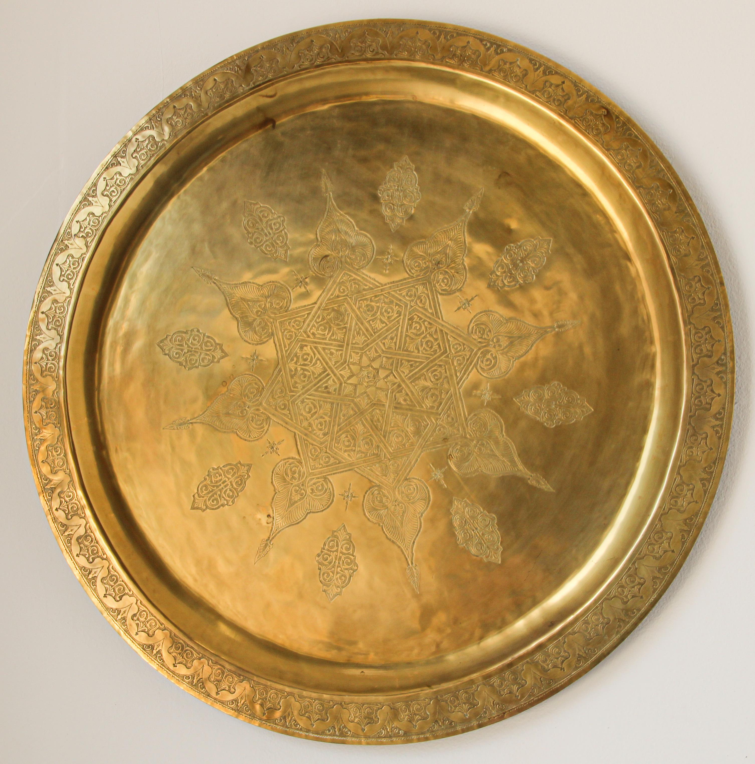 Monumental Moroccan Polished Brass Hanging Tray Platter 7