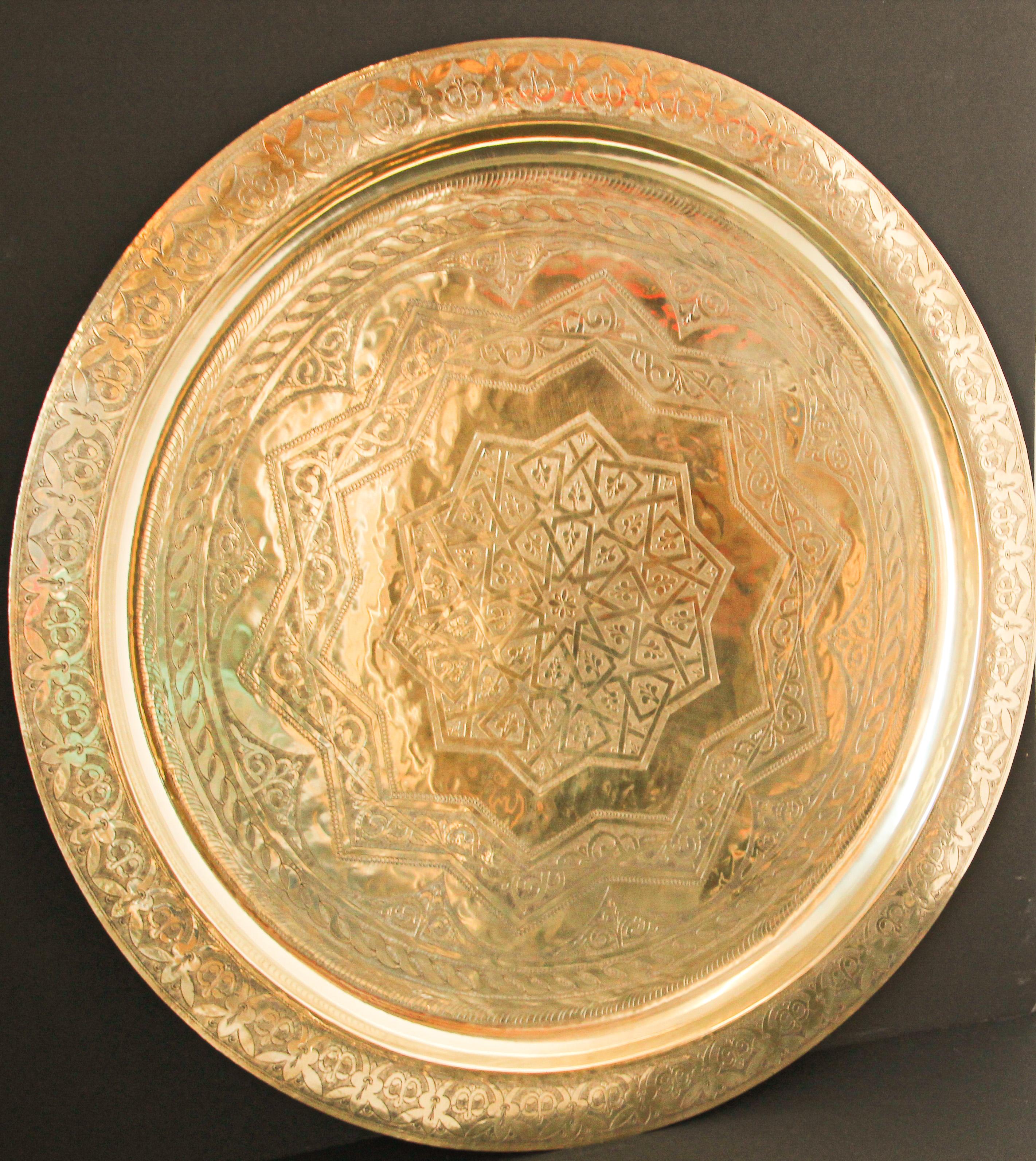 Moorish Monumental Moroccan Polished Brass Tray