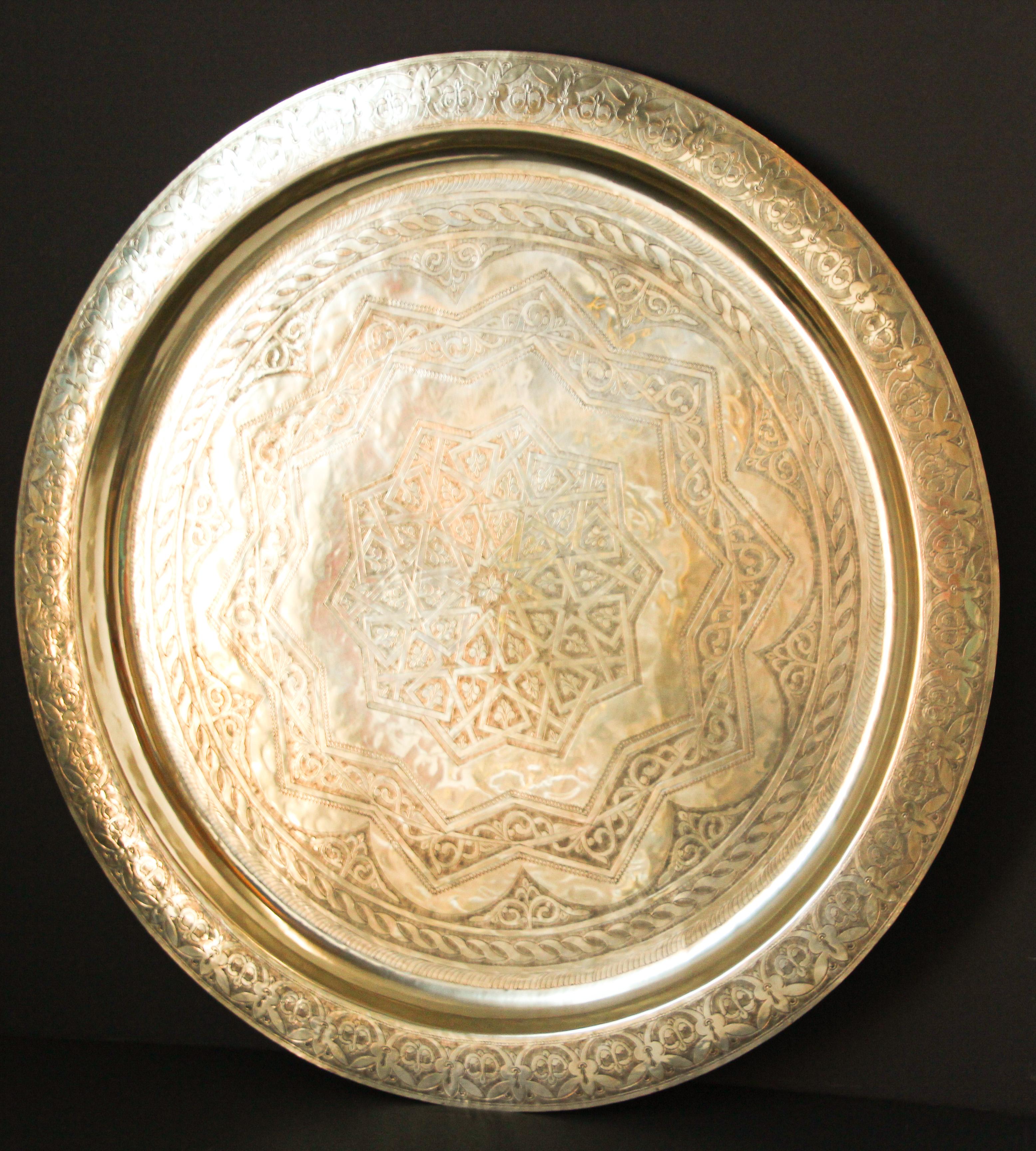 20th Century Monumental Moroccan Polished Brass Tray