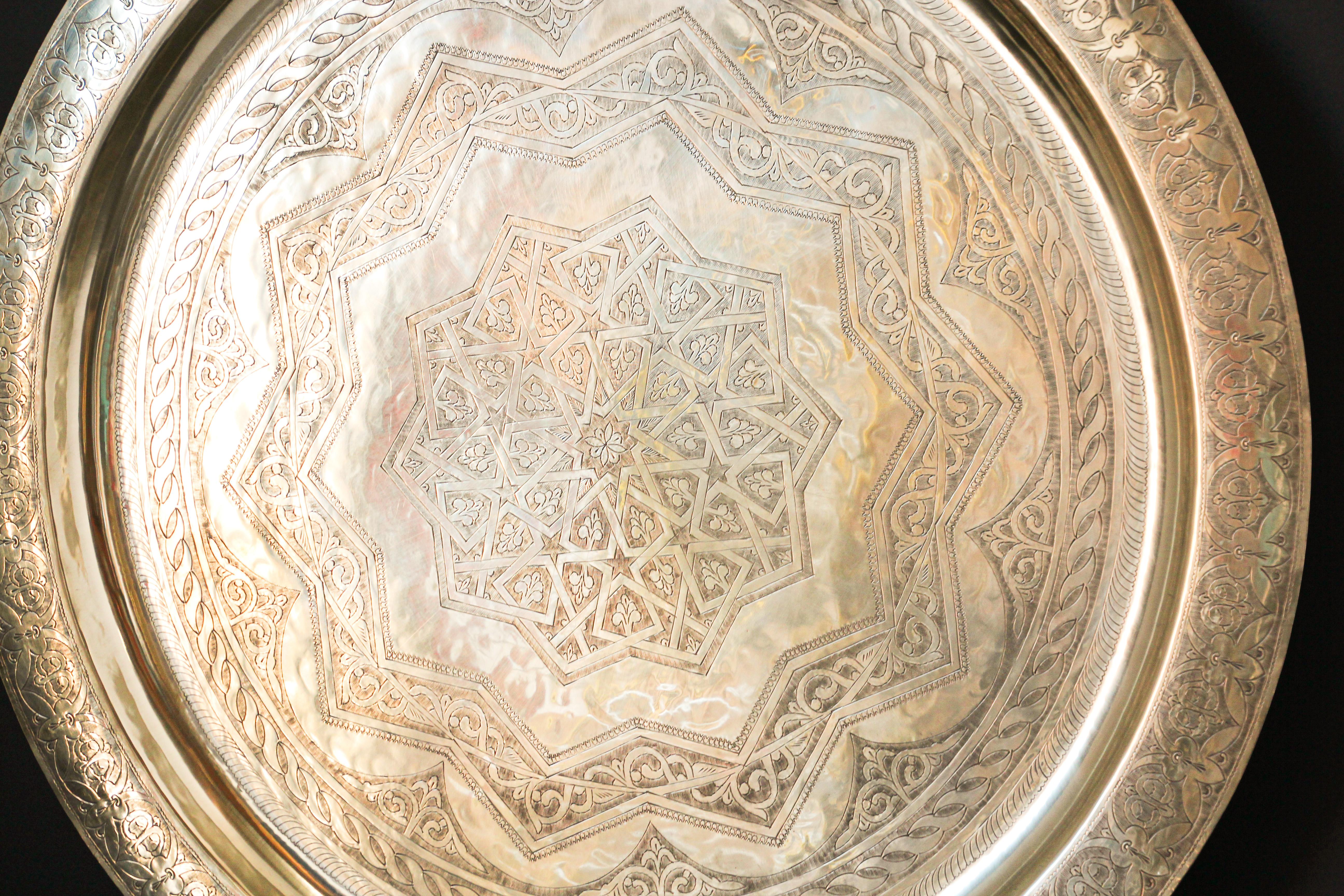 Monumental Moroccan Polished Brass Tray 2