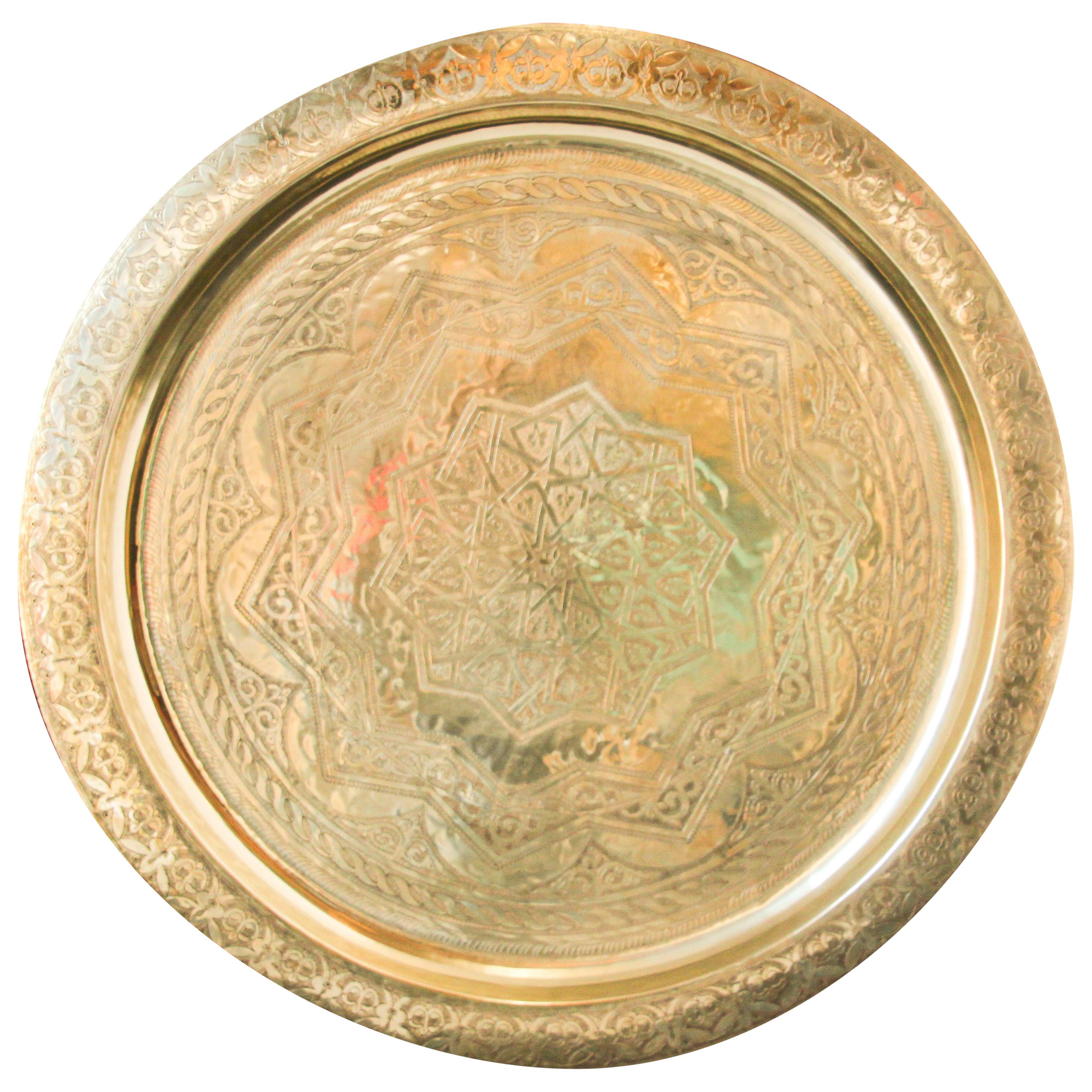 Monumental Moroccan Polished Brass Tray