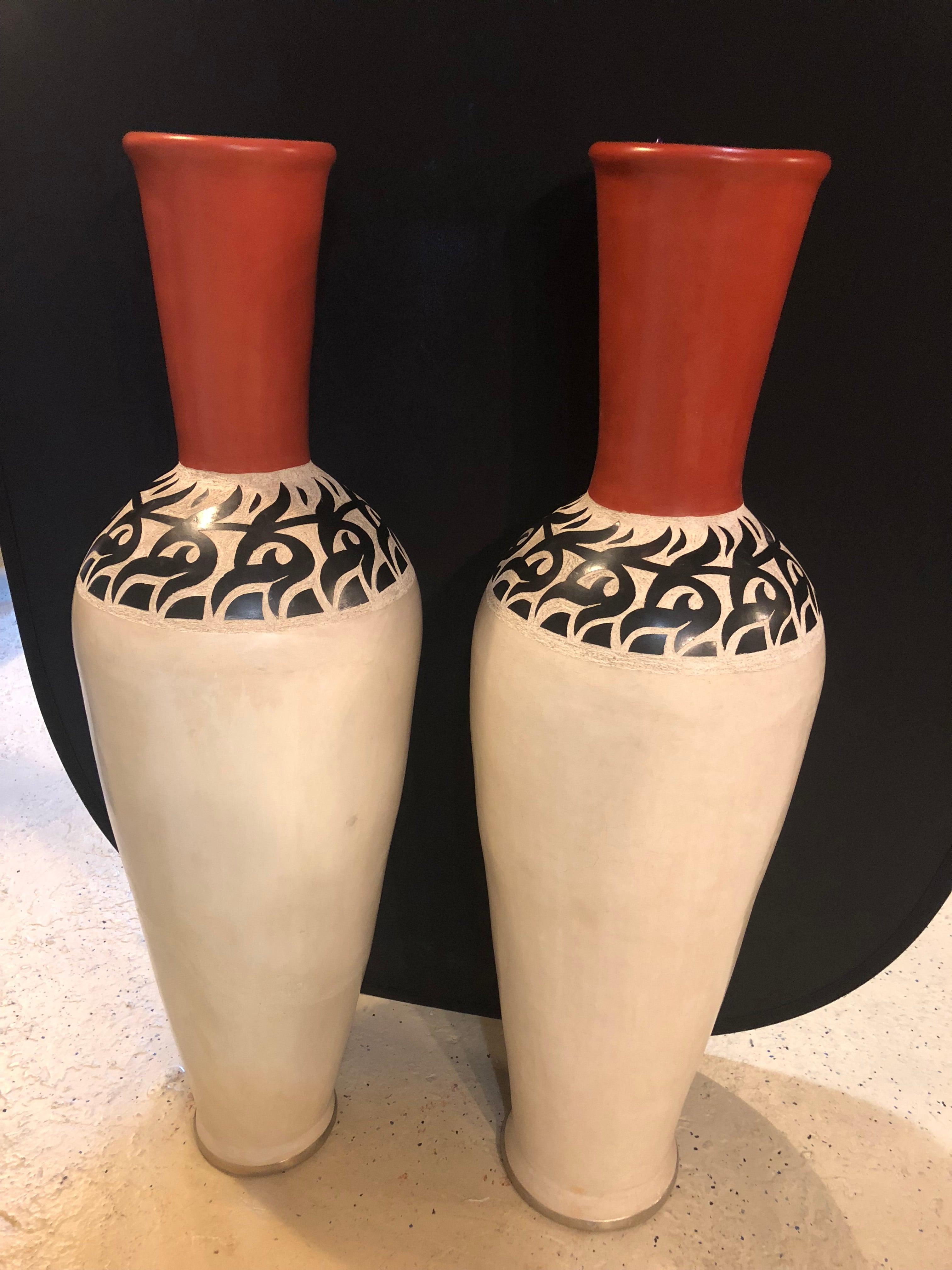 Monumental Moroccan Pottery Vase or Urn Handmade in Red and White, a Pair 5