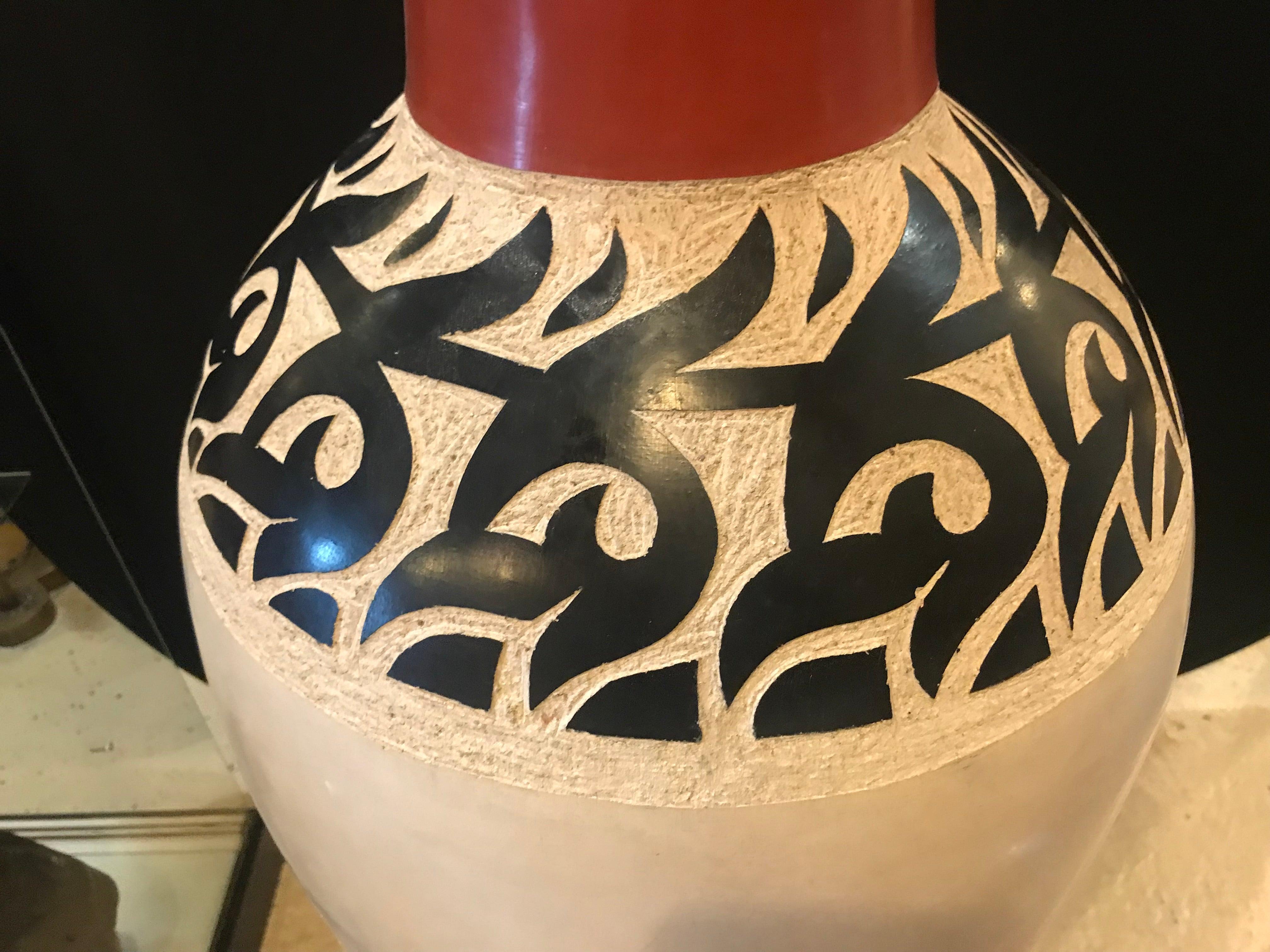 Late 20th Century Monumental Moroccan Pottery Vase or Urn Handmade in Red and White, a Pair