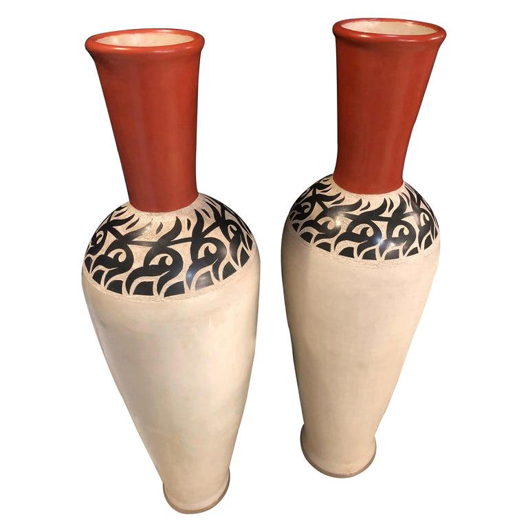 Monumental Moroccan Pottery Vase or Urn Handmade in Red and White, a Pair