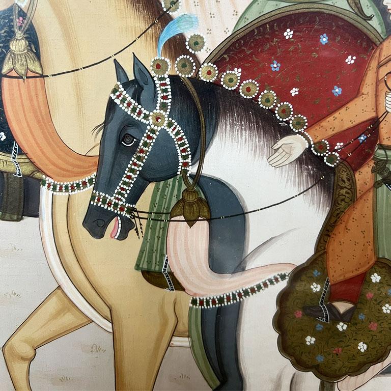 Monumentale peinture Rajasthani encadrée représentant un Maharaja à cheval - Inde  en vente 4