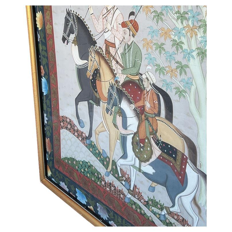 A monumental traditional Rajasthani painting professionally framed in a gilt frame. We often come across miniature versions of these which are referred to as Mughal paintings. (And sometimes Pichhavai paintings, though this does not include Krishna)