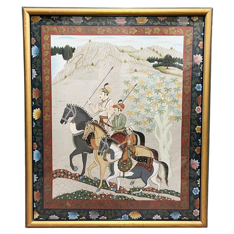 Monumentale peinture Rajasthani encadrée représentant un Maharaja à cheval - Inde 