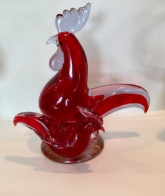 Monumental Murano Double Rooster Sculpture by Cenedese in Alexandrite and Red