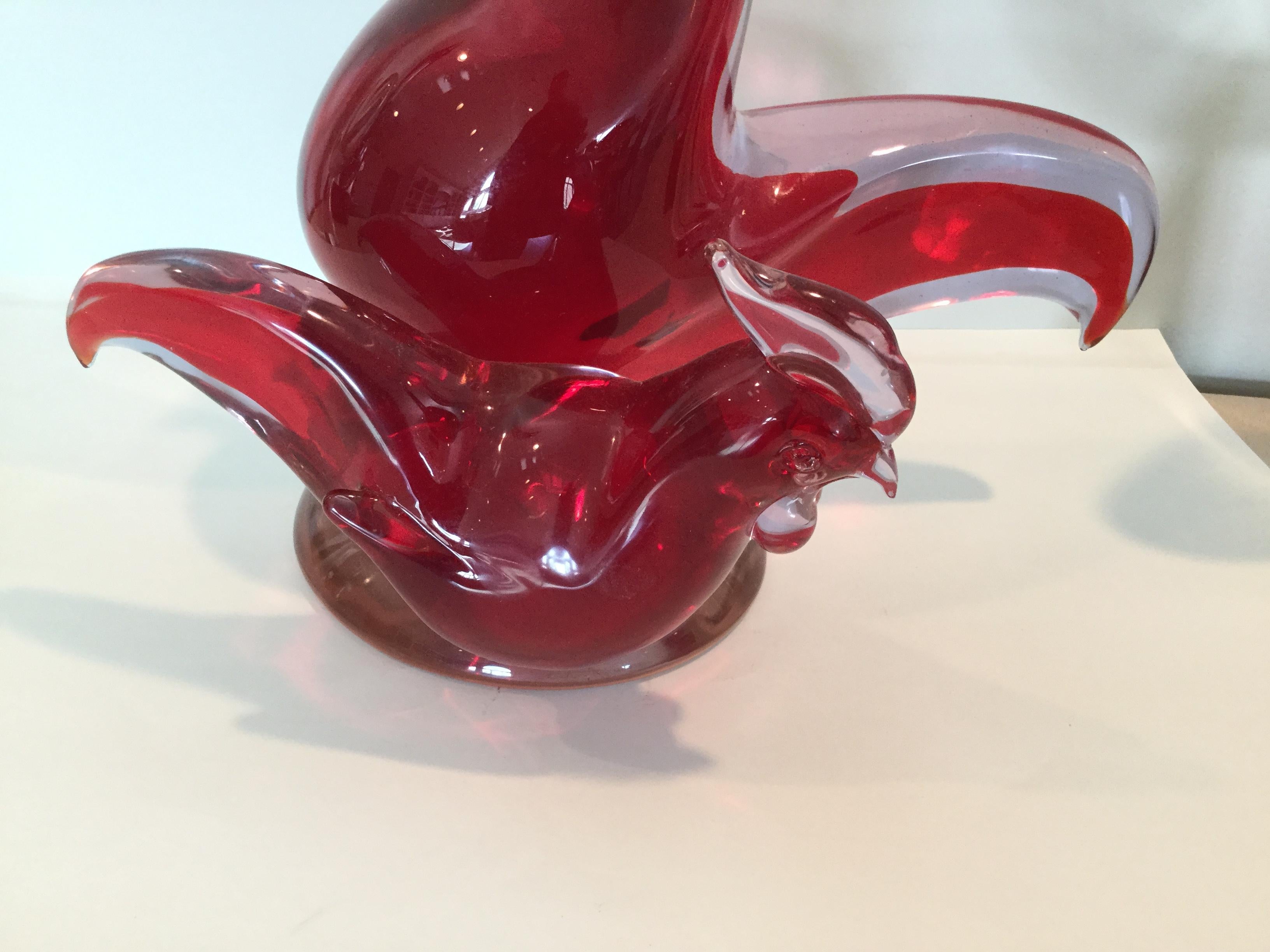 Mid-Century Modern Monumental Murano Double Rooster Sculpture by Cenedese in Alexandrite and Red For Sale