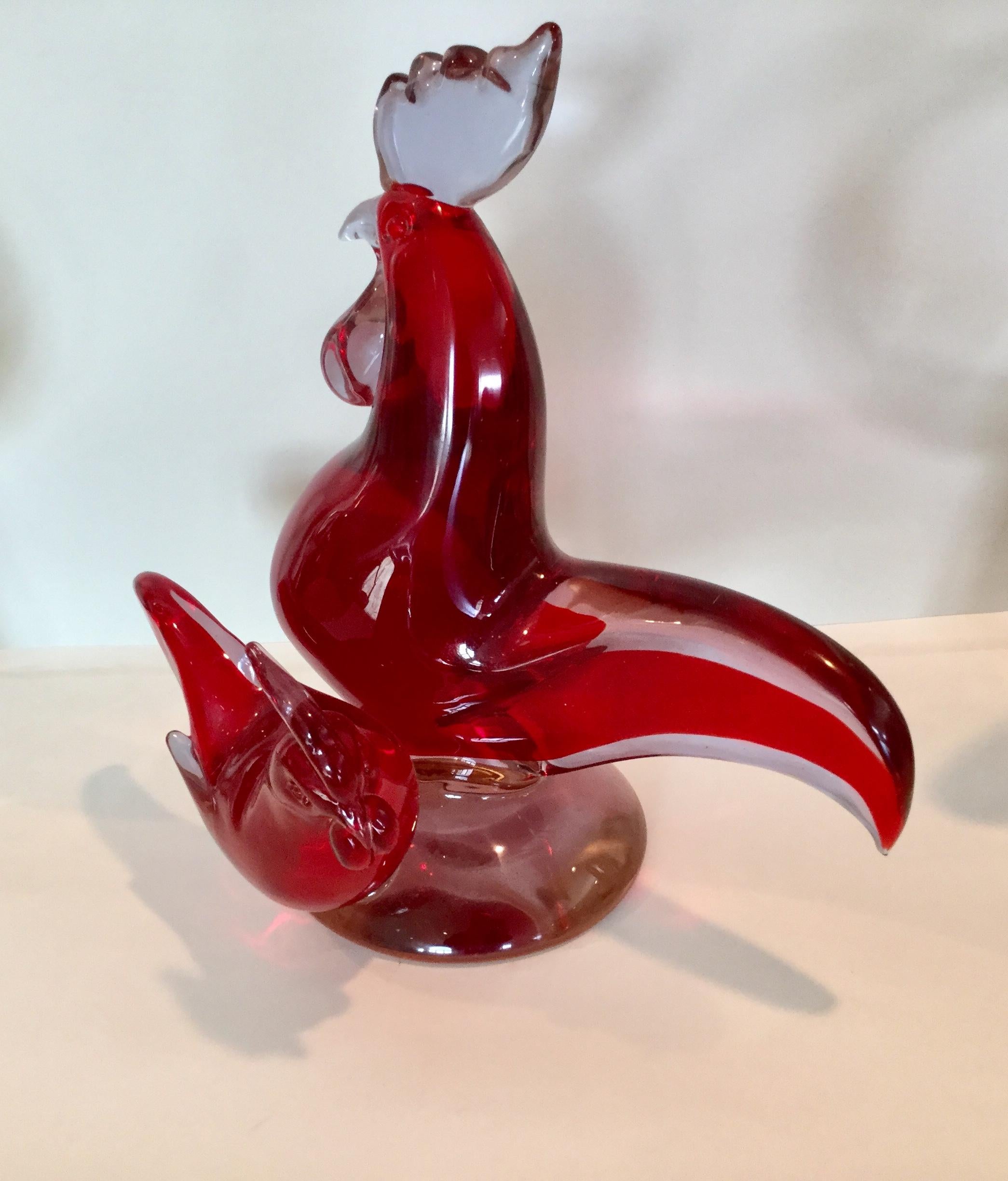 Italian Monumental Murano Double Rooster Sculpture by Cenedese in Alexandrite and Red For Sale