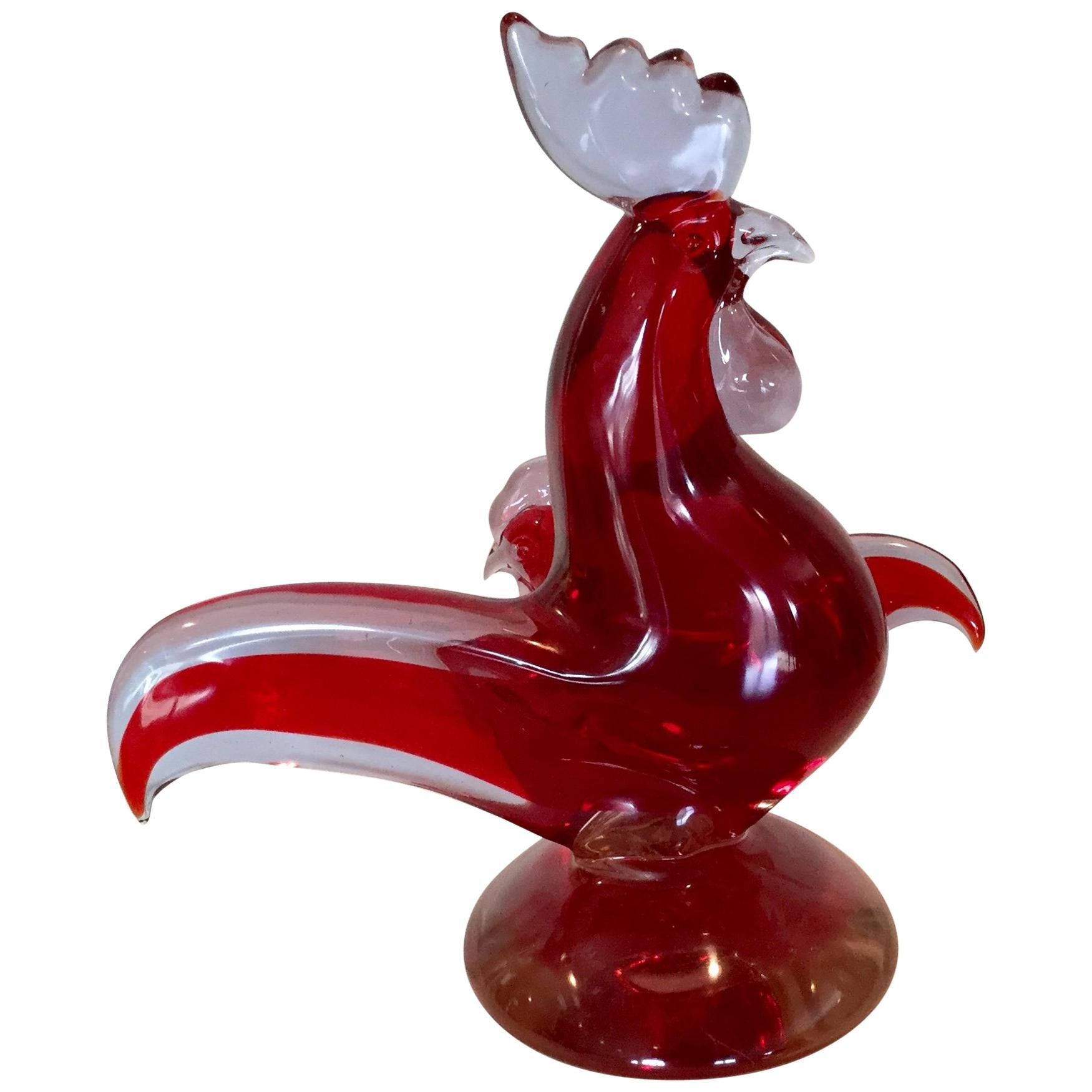 Monumental Murano Double Rooster Sculpture by Cenedese in Alexandrite and Red For Sale