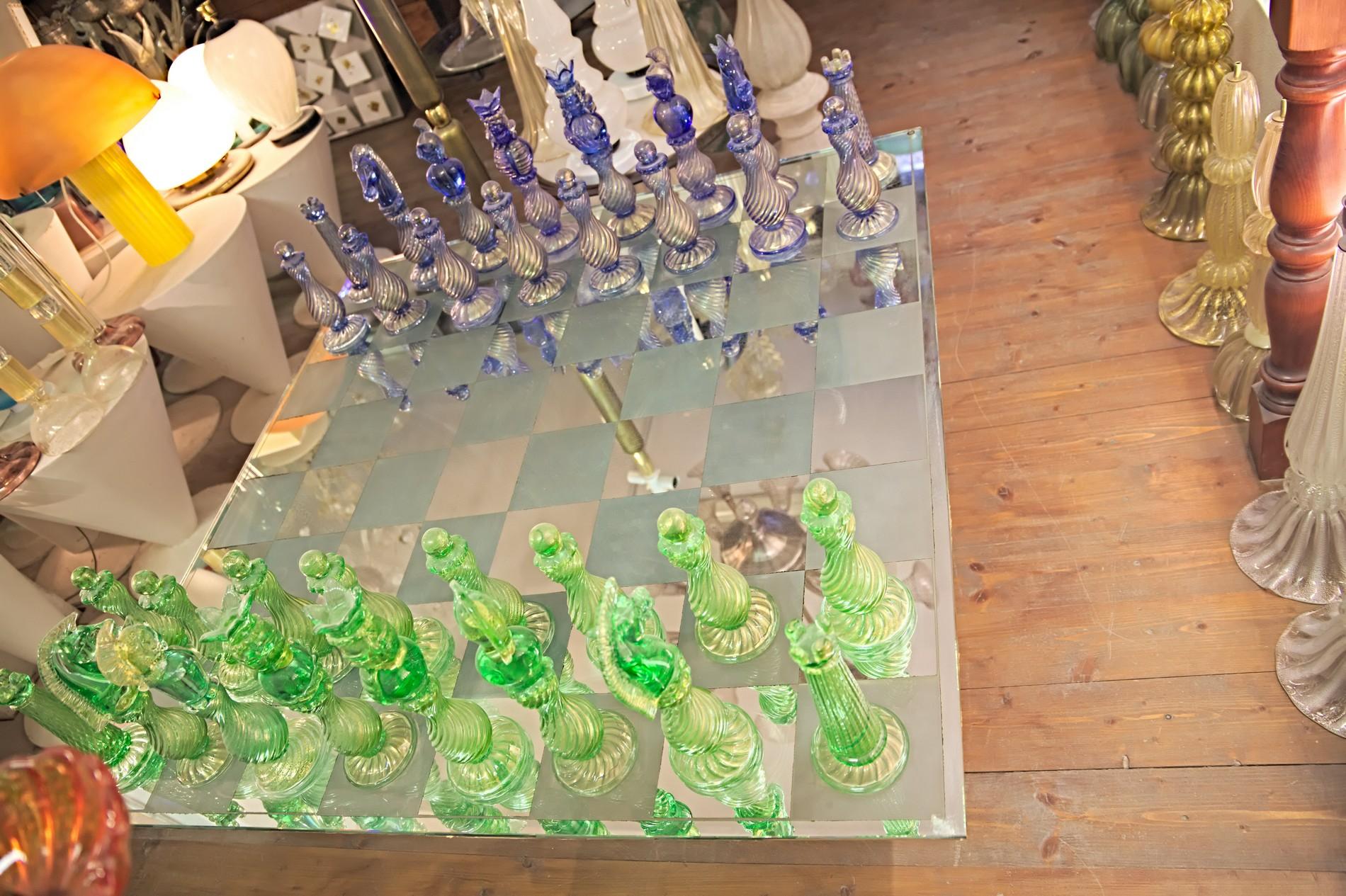 Mid-Century Modern Monumental Murano Glass Chessboard 32 Sculptural Pieces Gold Leaf Unique