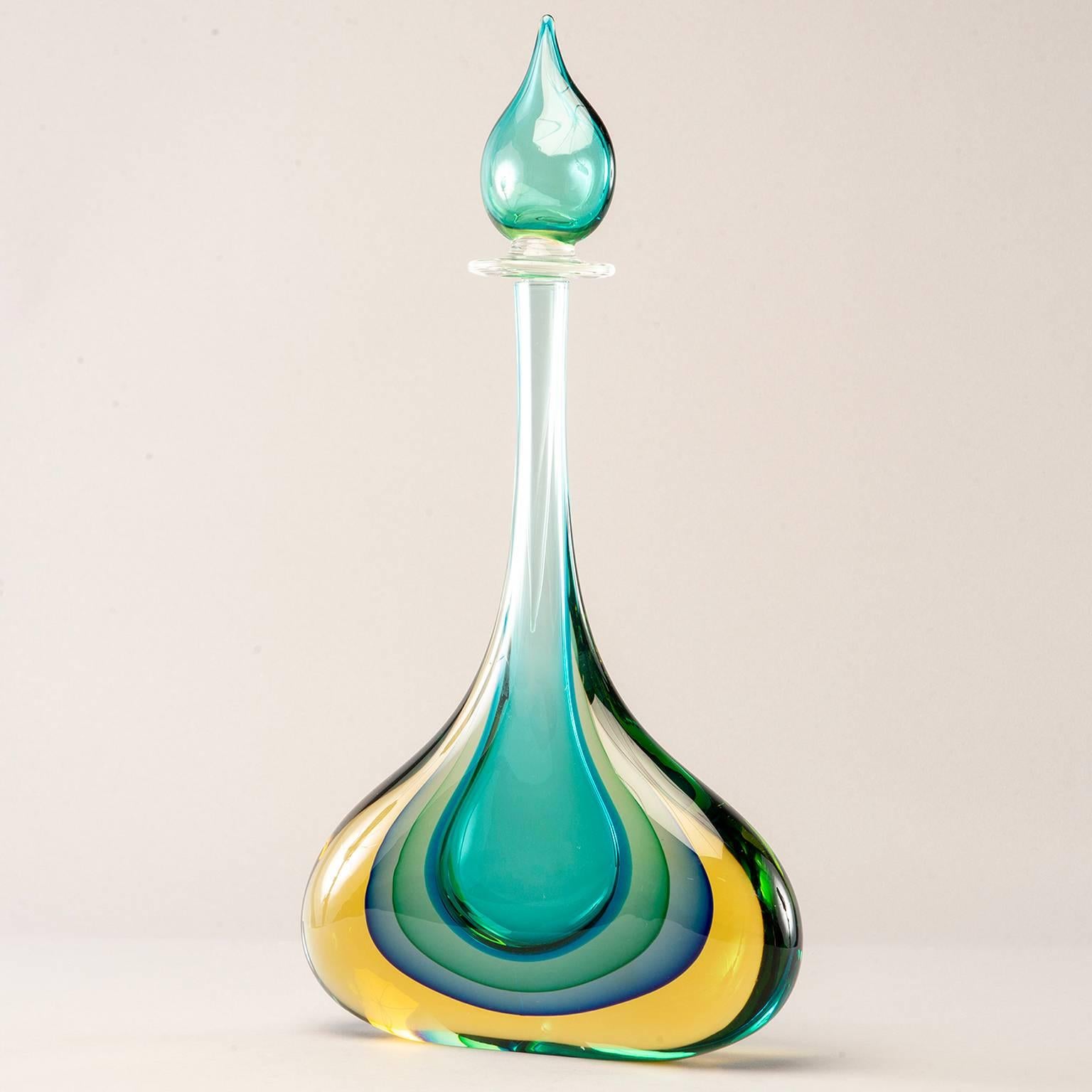 Modern Monumental Murano Glass Teal and Amber Sommerso Perfume Bottle with Stopper