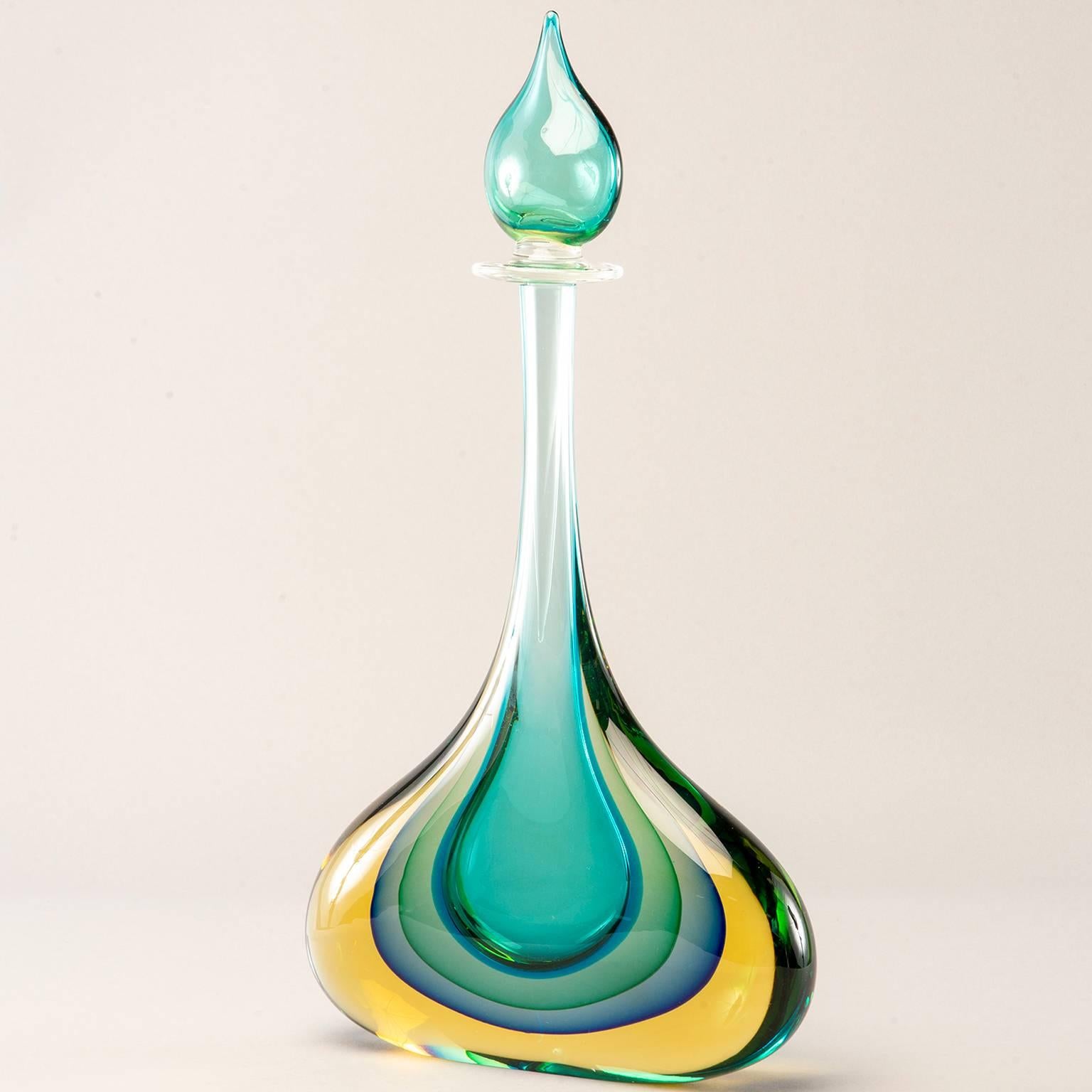 Italian Monumental Murano Glass Teal and Amber Sommerso Perfume Bottle with Stopper