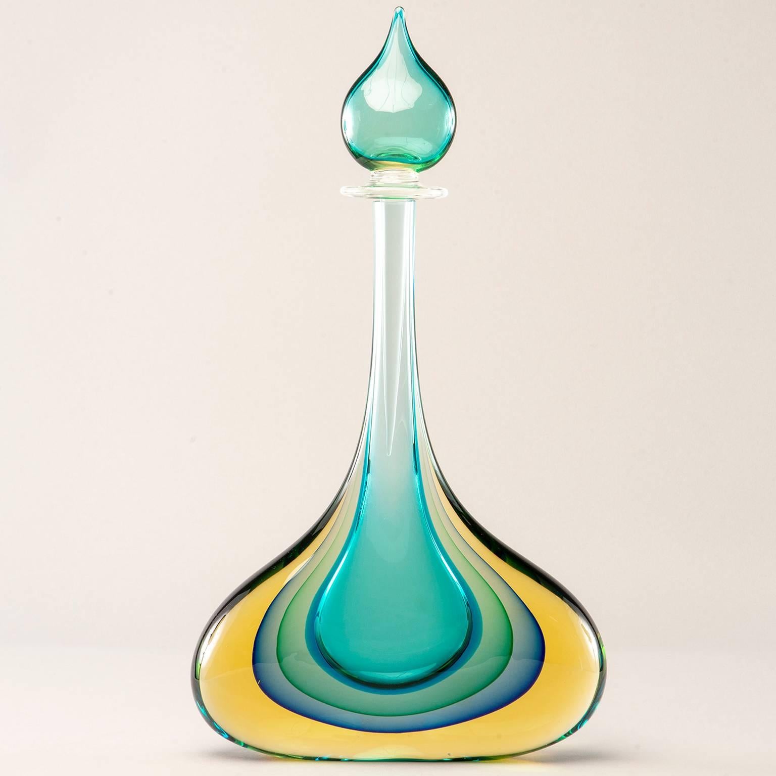 Monumental Murano Glass Teal and Amber Sommerso Perfume Bottle with Stopper In Excellent Condition In Troy, MI