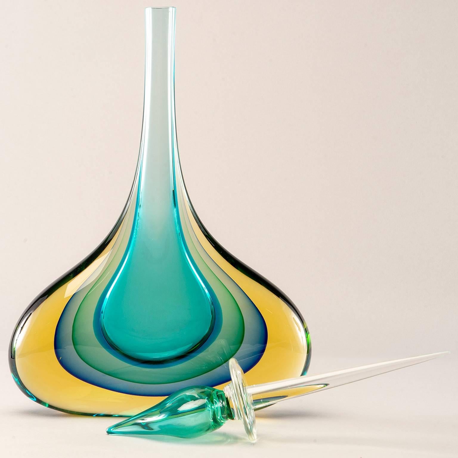 Contemporary Monumental Murano Glass Teal and Amber Sommerso Perfume Bottle with Stopper