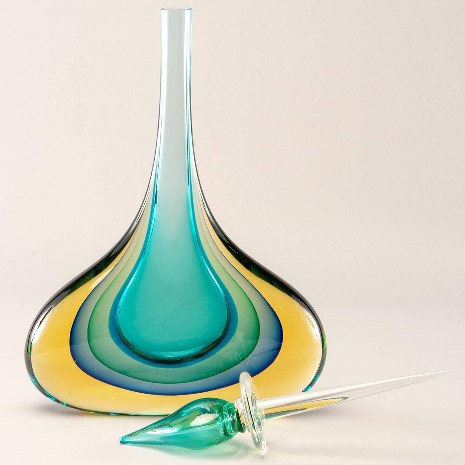 Monumental Murano Glass Teal and Amber Sommerso Perfume Bottle with Stopper 1