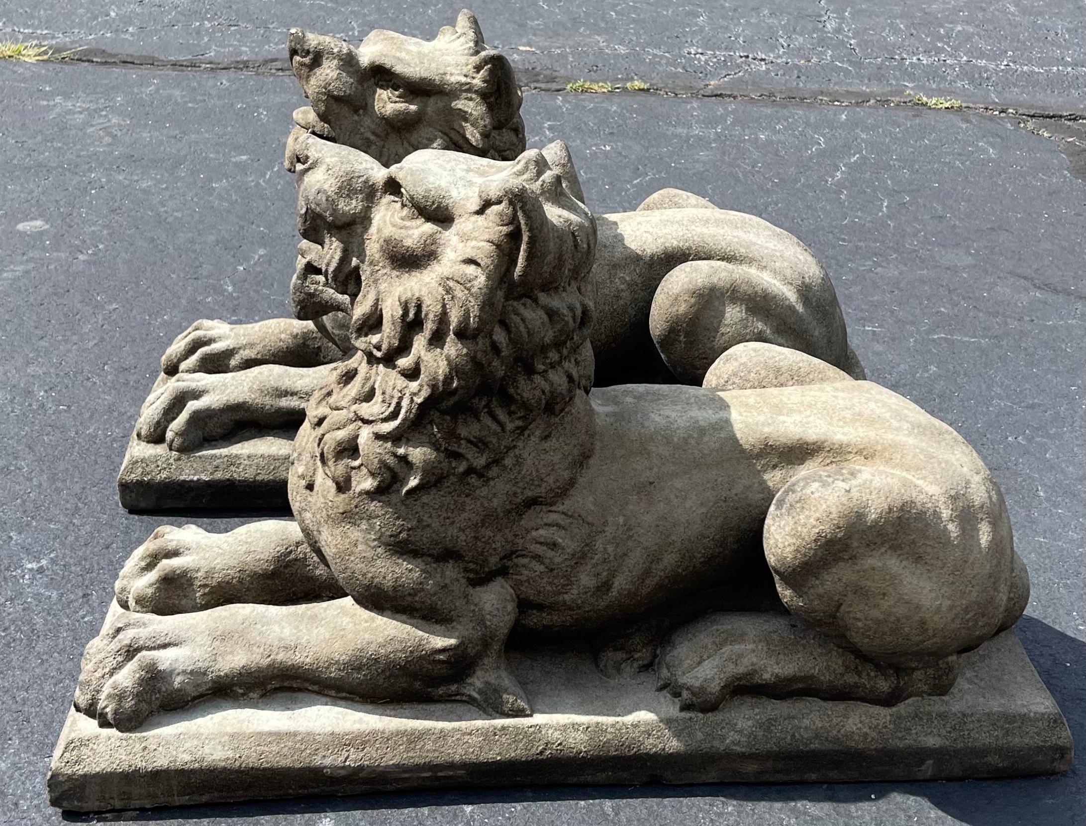 Neoclassical Monumental Neo-Classical Style Garden Concrete Recumbent Lions / Statue-Pair