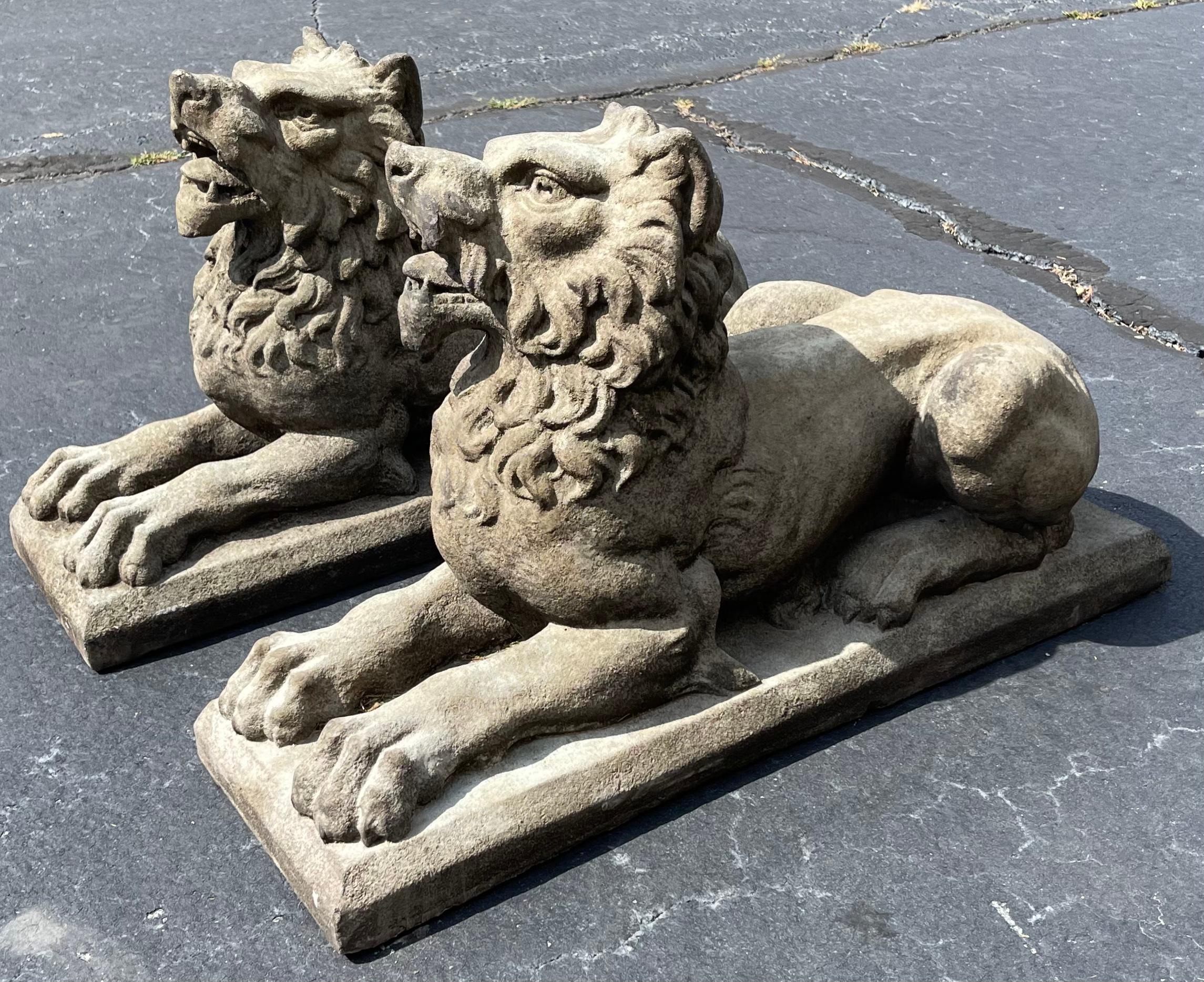 Unknown Monumental Neo-Classical Style Garden Concrete Recumbent Lions / Statue-Pair