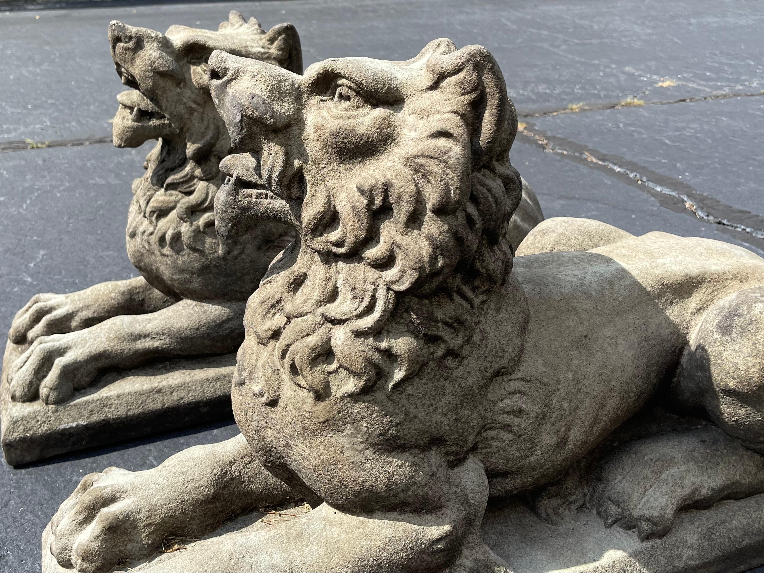 Monumental Neo-Classical Style Garden Concrete Recumbent Lions / Statue-Pair In Good Condition In Kennesaw, GA