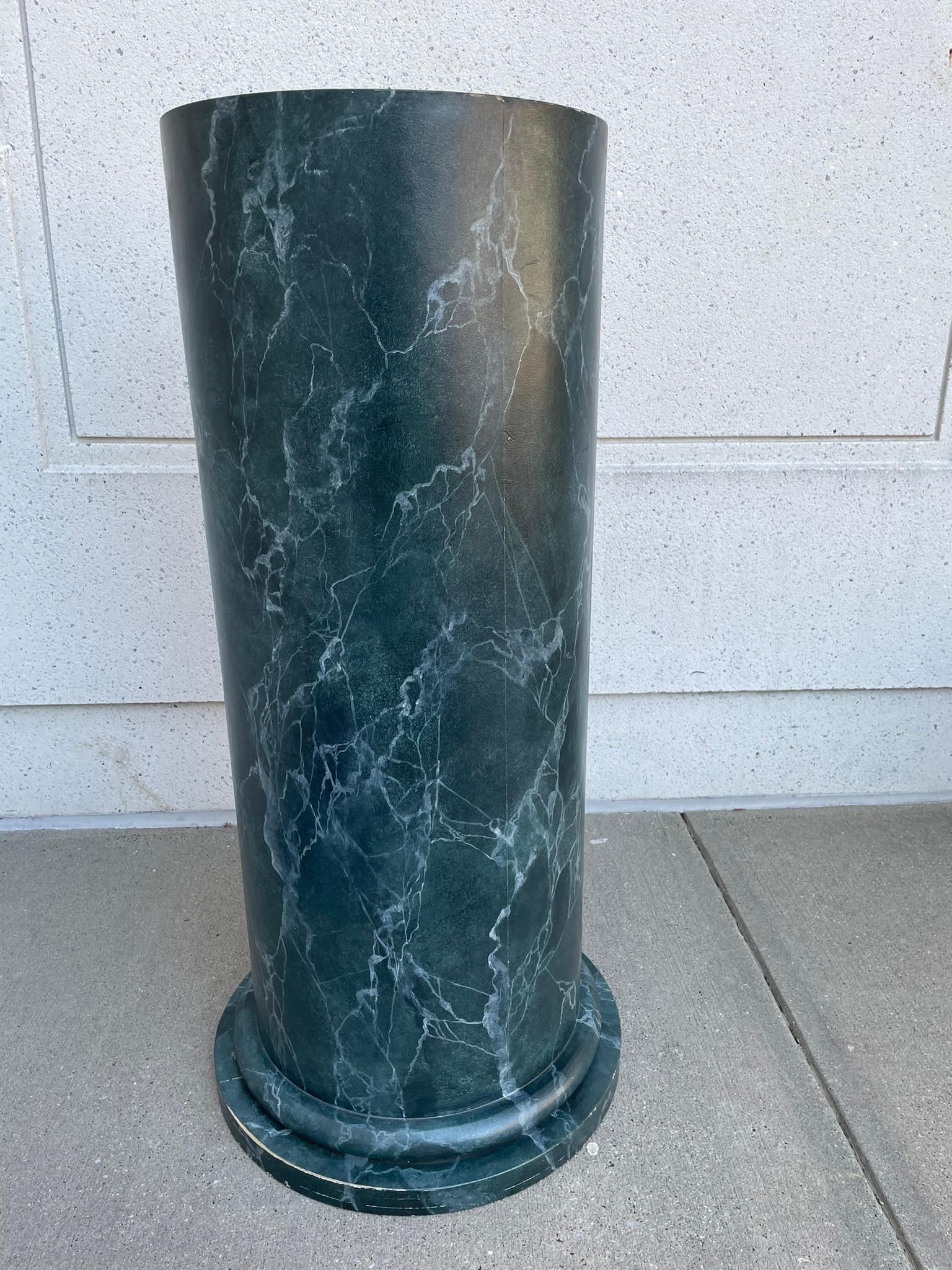 Custom made large scale wood pedestal with 'Verdi Antico' faux marble finish. Likely made for a specific marble bust in the collection of Roger Prigent, legendary New York antique dealer. The bottom has a box that fits in, possibly to add more
