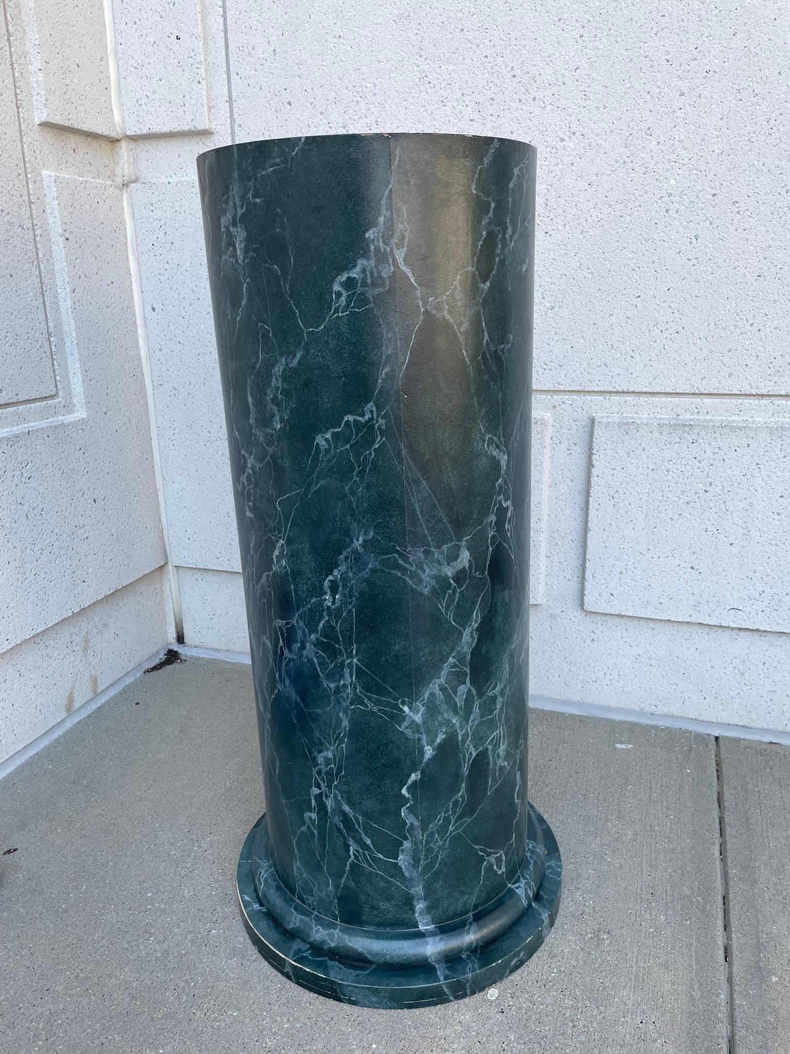 Monumental Neoclassical Column Form Faux Green Marble Painted Wood Pedestal  For Sale 2