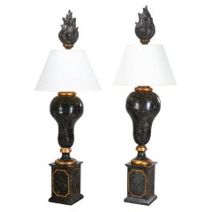 Monumental Neoclassical Faux-Marble & Parcel-Gilt Tole Lamps with Flame Finial