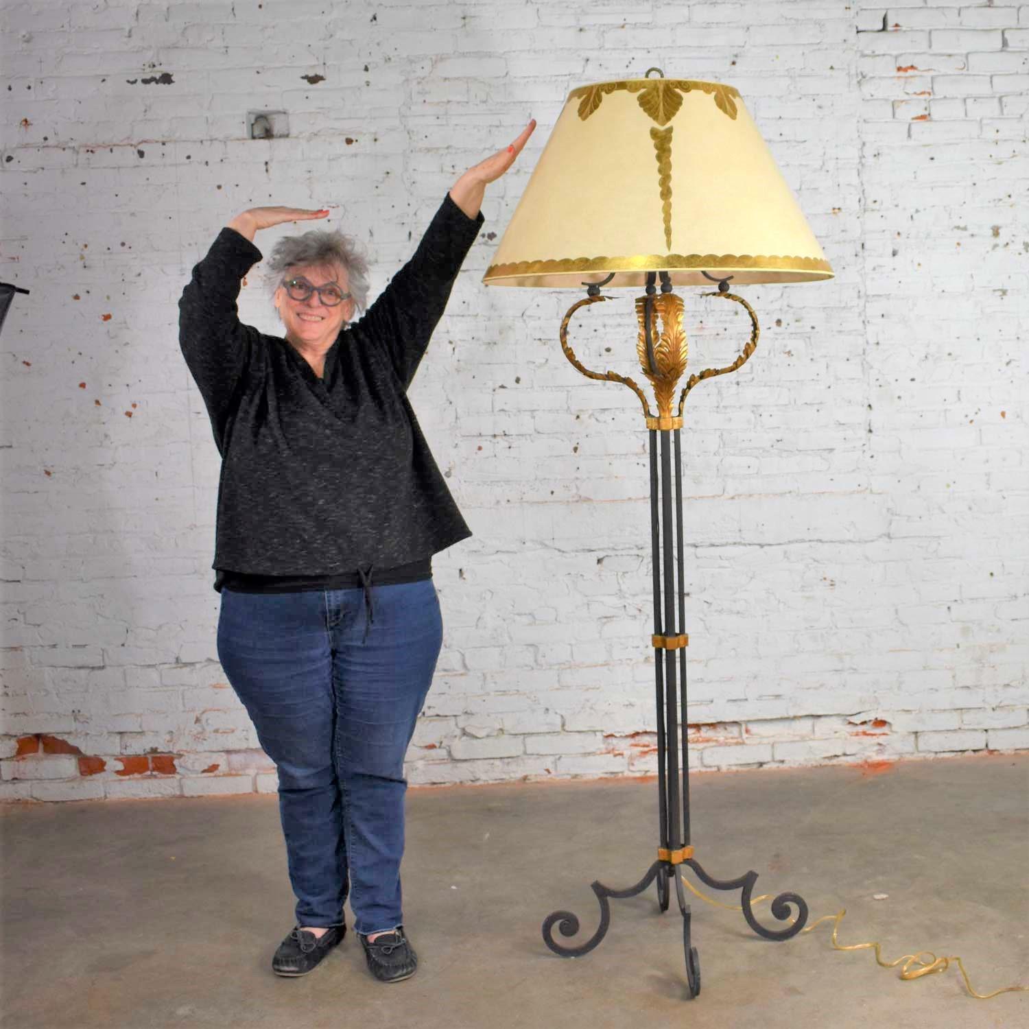 Monumental Neoclassical Iron Floor Lamp Acanthus Leaf Design & Parchment Shade For Sale 10