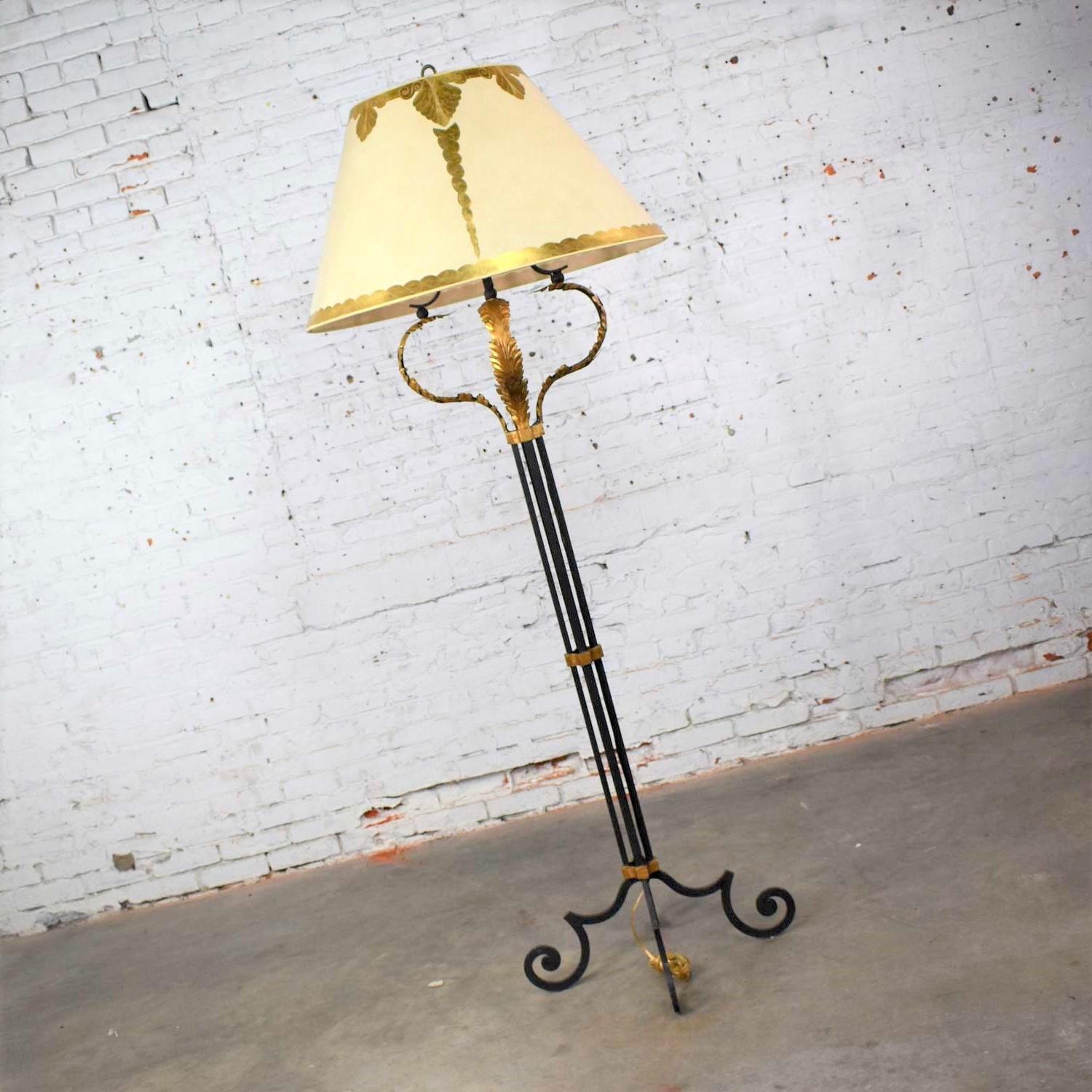 Monumental Neoclassical Iron Floor Lamp Acanthus Leaf Design & Parchment Shade In Good Condition For Sale In Topeka, KS
