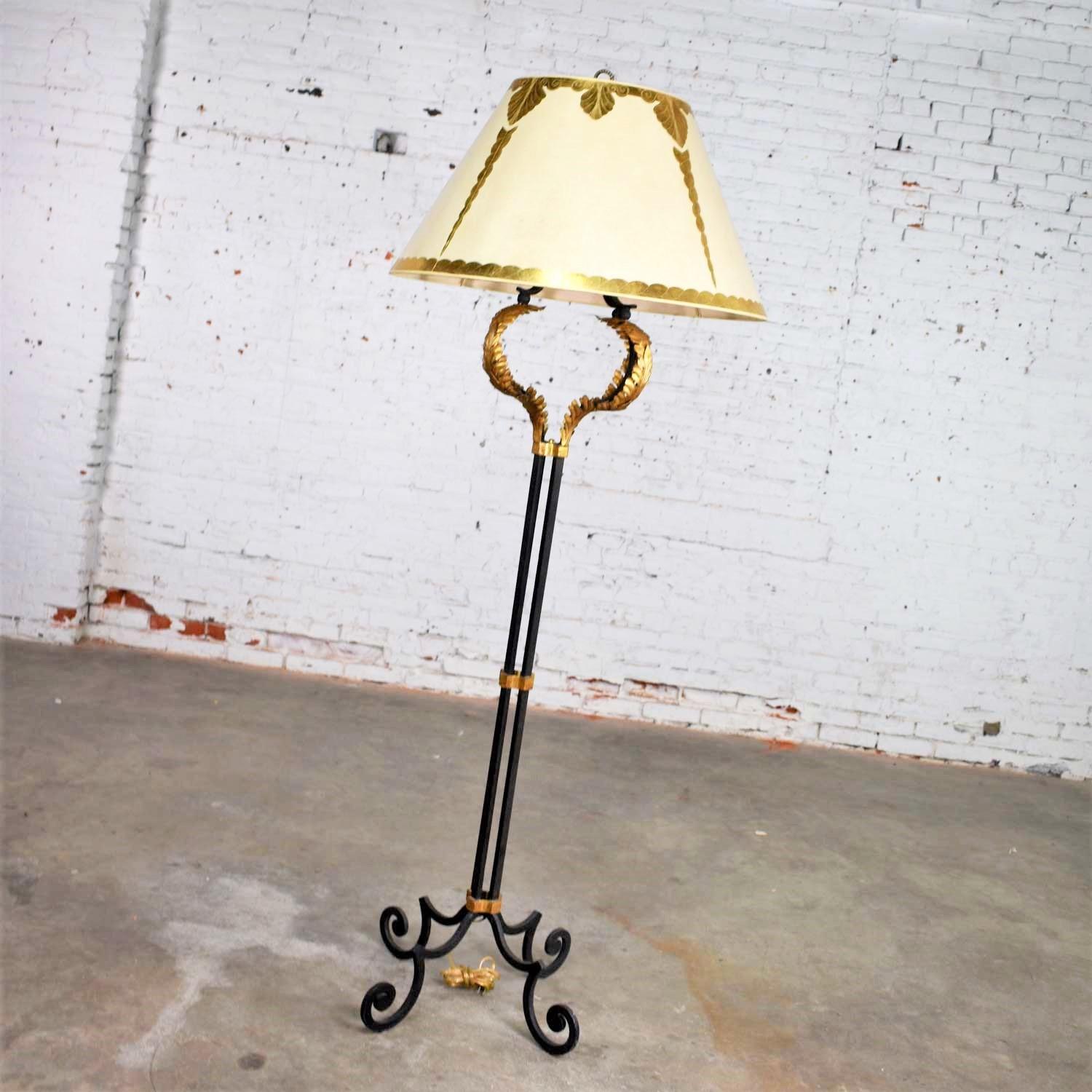 20th Century Monumental Neoclassical Iron Floor Lamp Acanthus Leaf Design & Parchment Shade For Sale