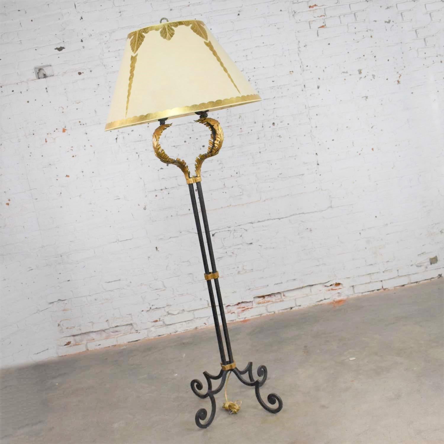 Monumental Neoclassical Iron Floor Lamp Acanthus Leaf Design & Parchment Shade For Sale 1
