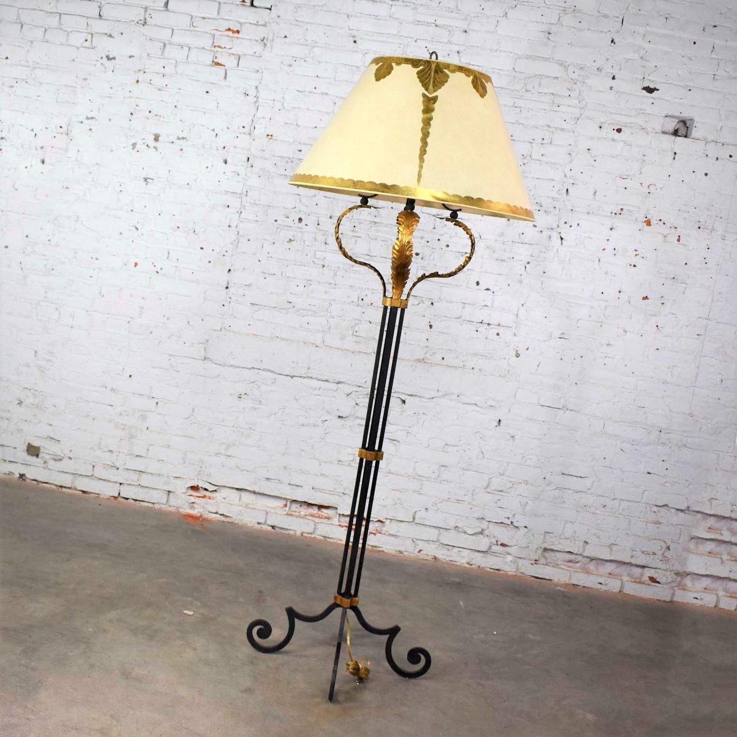 Monumental Neoclassical Iron Floor Lamp Acanthus Leaf Design & Parchment Shade For Sale 4